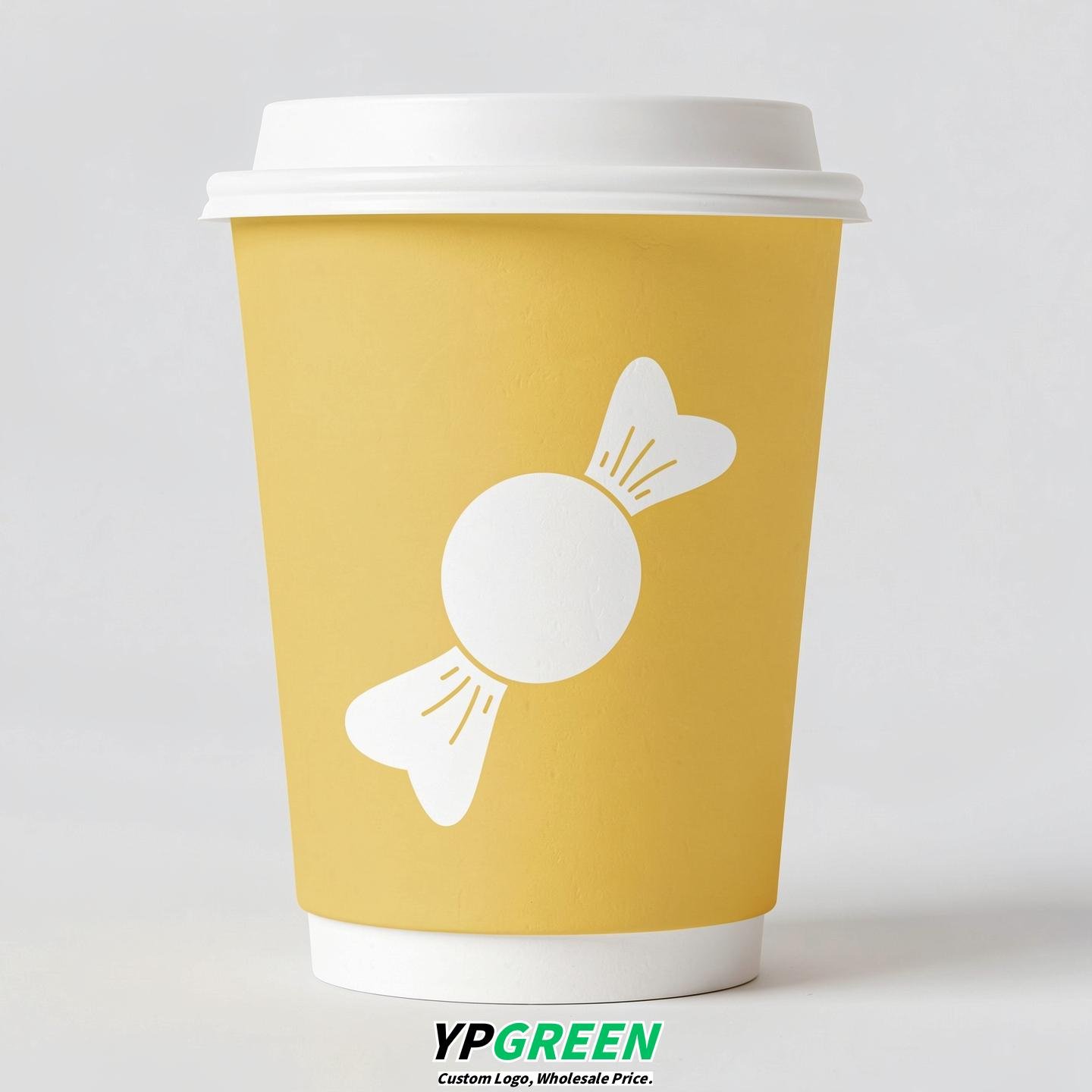 Lemon Yellow Paper Cups with Candy Logo & Lids 8-24oz