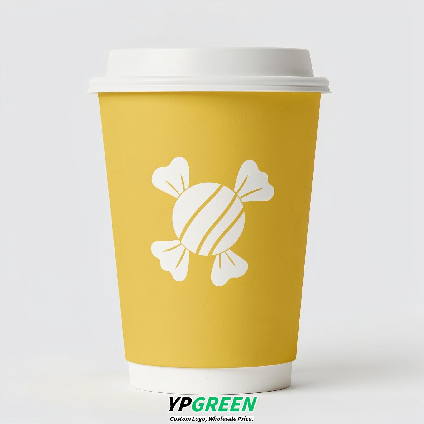 Lemon Yellow Paper Cups with Candy Logo & Lids 8-24oz