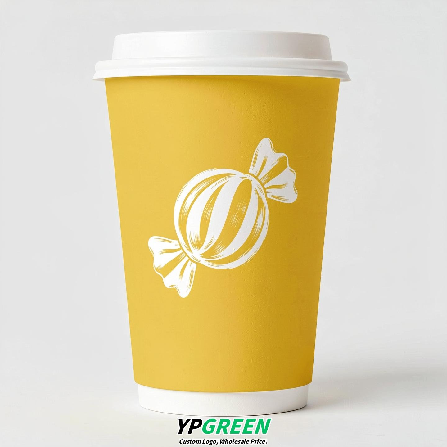 Lemon Yellow Paper Cups with Candy Logo & Lids 8-24oz