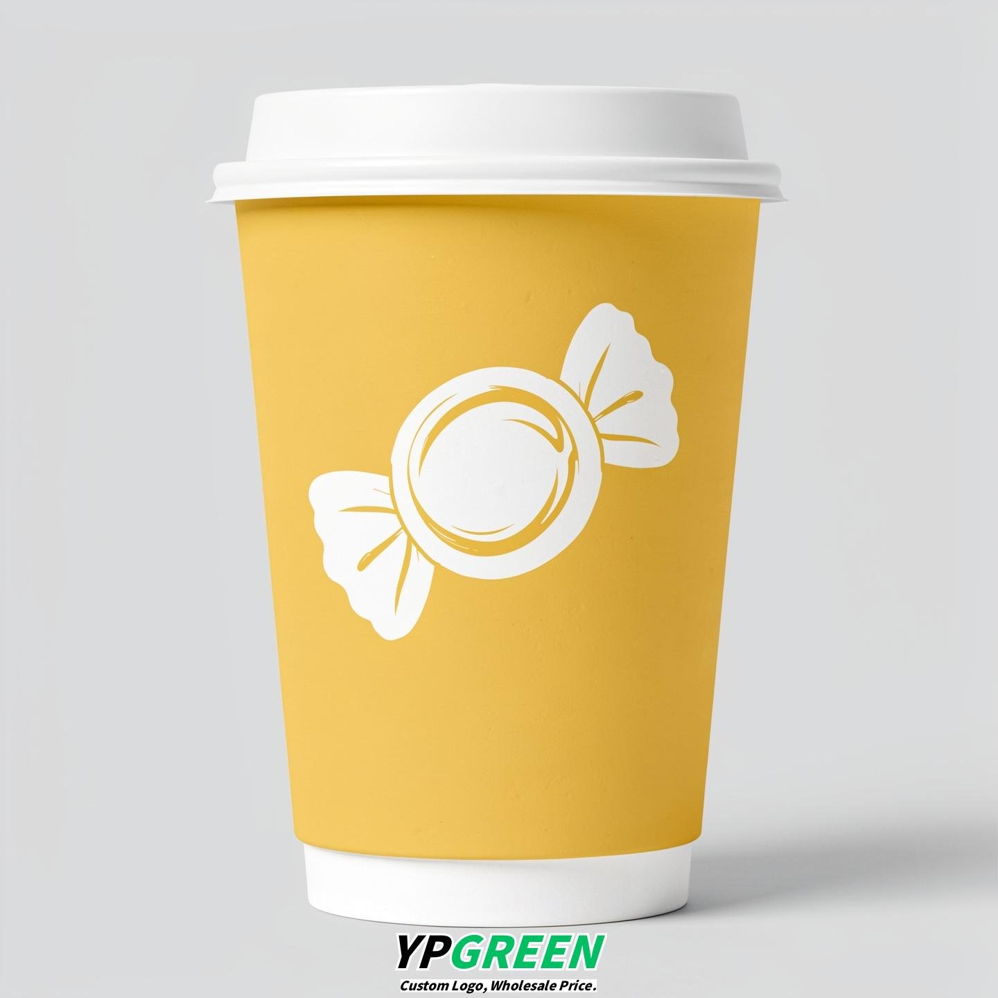 Lemon Yellow Paper Cups with Candy Logo & Lids 8-24oz