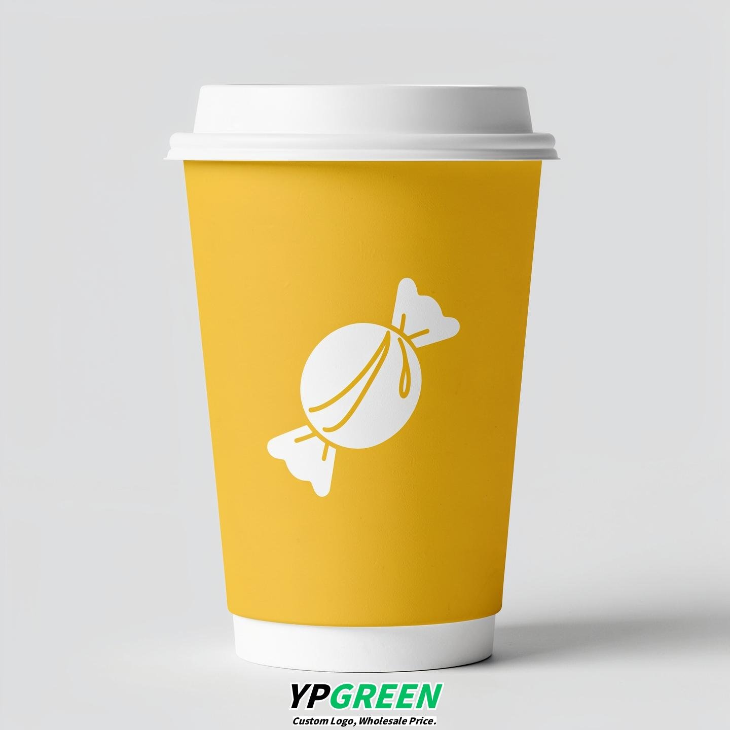 Lemon Yellow Paper Cups with Candy Logo & Lids 8-24oz