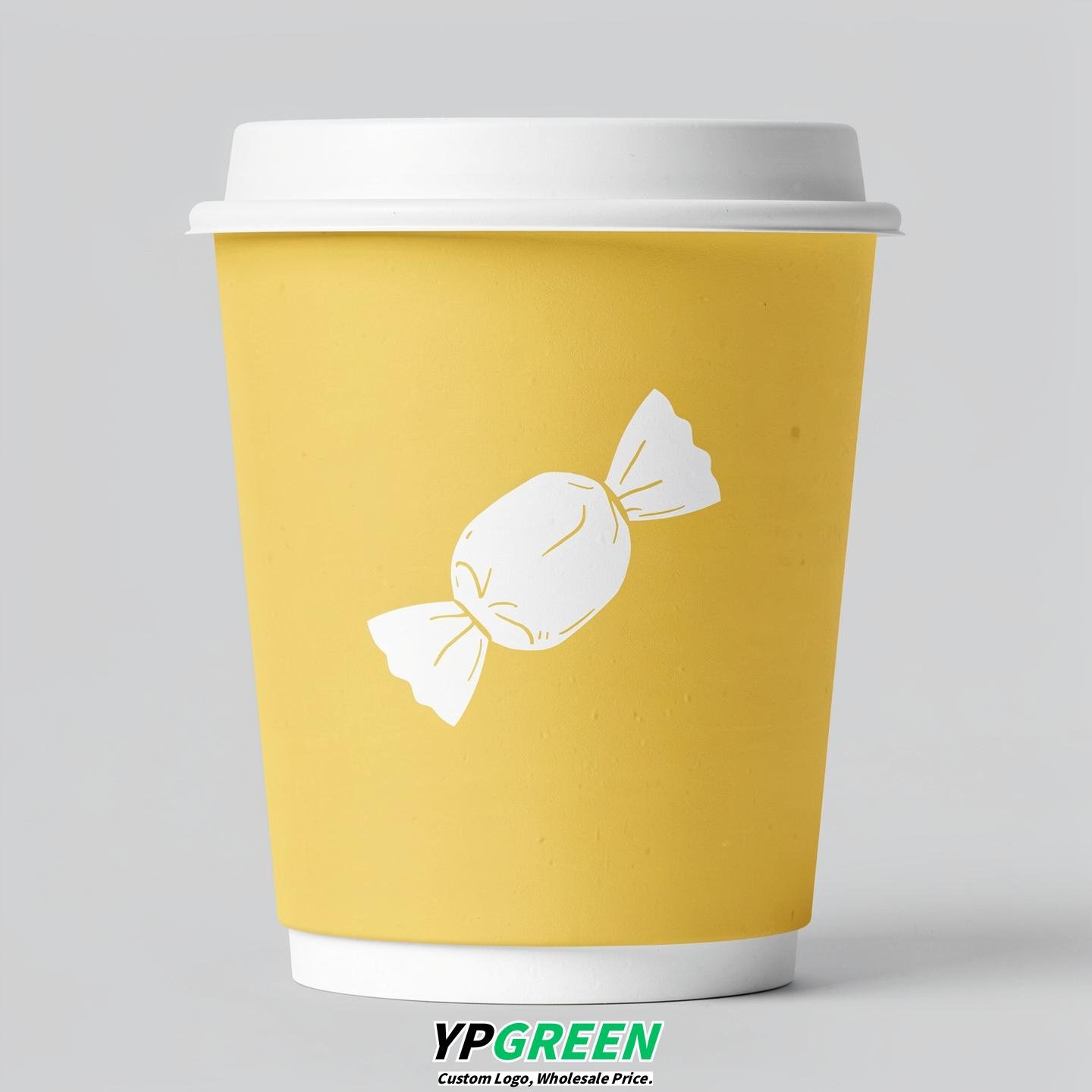 Lemon Yellow Paper Cups with Candy Logo & Lids 8-24oz