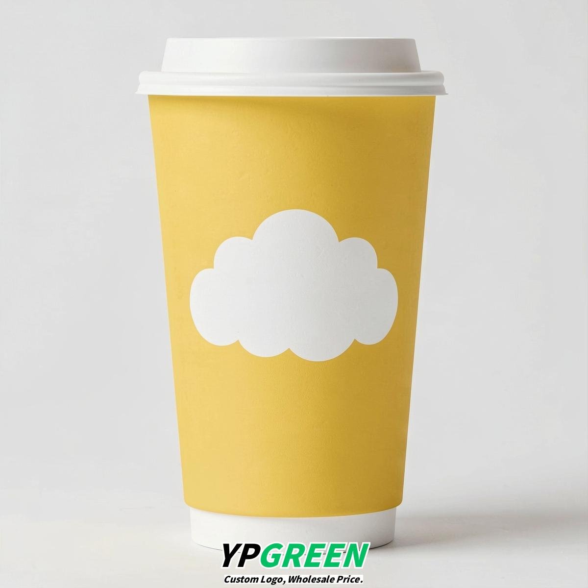 Lemon Yellow Paper Cups with Clouds Logo & Lids 8-24oz