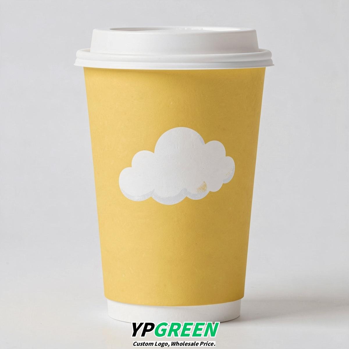 Lemon Yellow Paper Cups with Clouds Logo & Lids 8-24oz