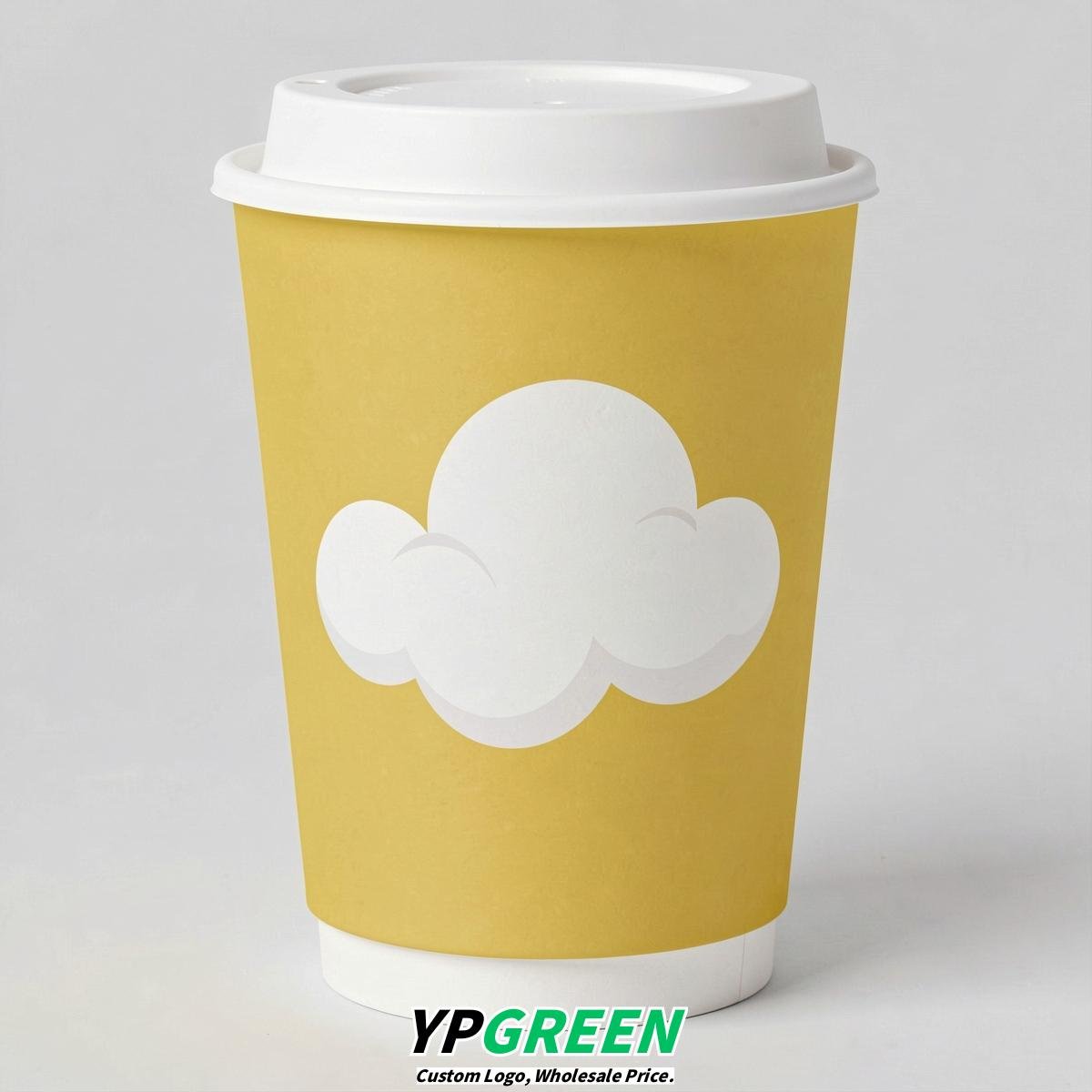 Lemon Yellow Paper Cups with Clouds Logo & Lids 8-24oz