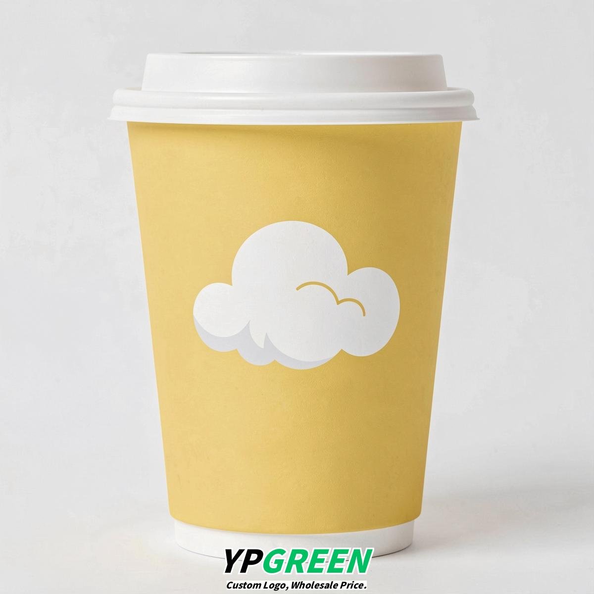 Lemon Yellow Paper Cups with Clouds Logo & Lids 8-24oz