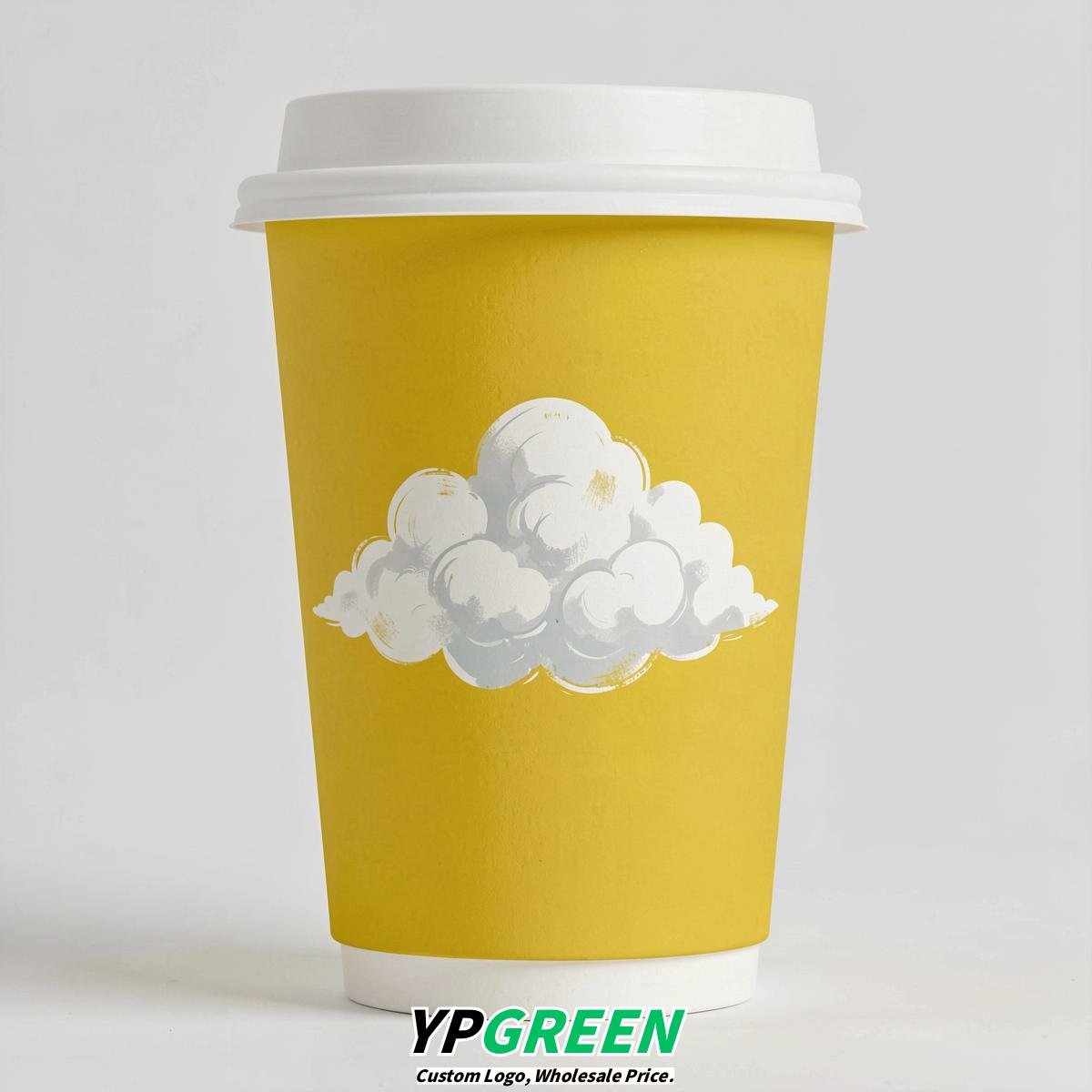 Lemon Yellow Paper Cups with Clouds Logo & Lids 8-24oz