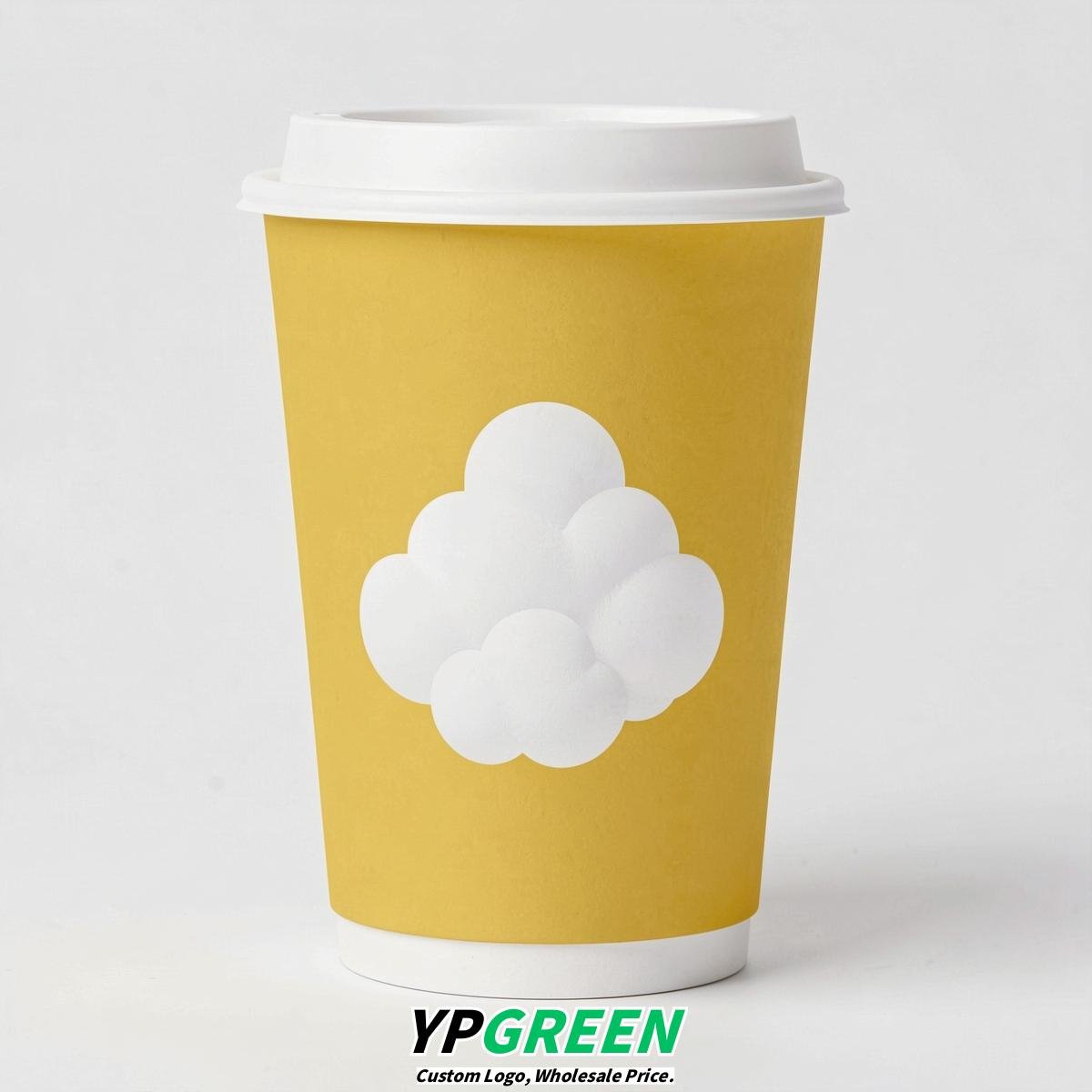 Lemon Yellow Paper Cups with Clouds Logo & Lids 8-24oz