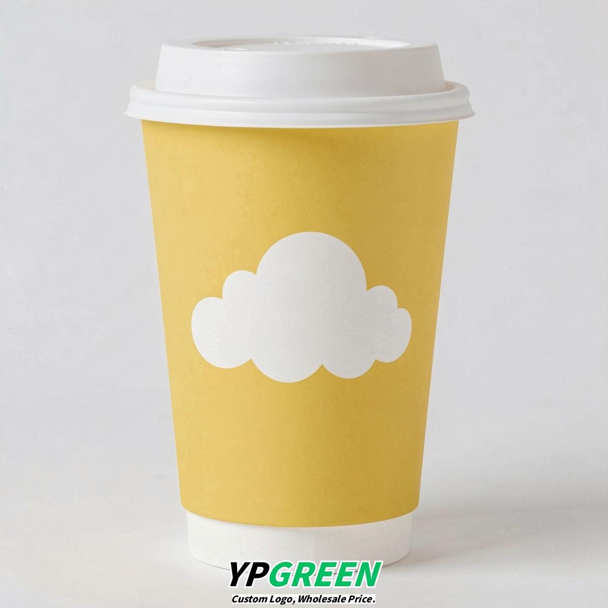 Lemon Yellow Paper Cups with Clouds Logo & Lids 8-24oz