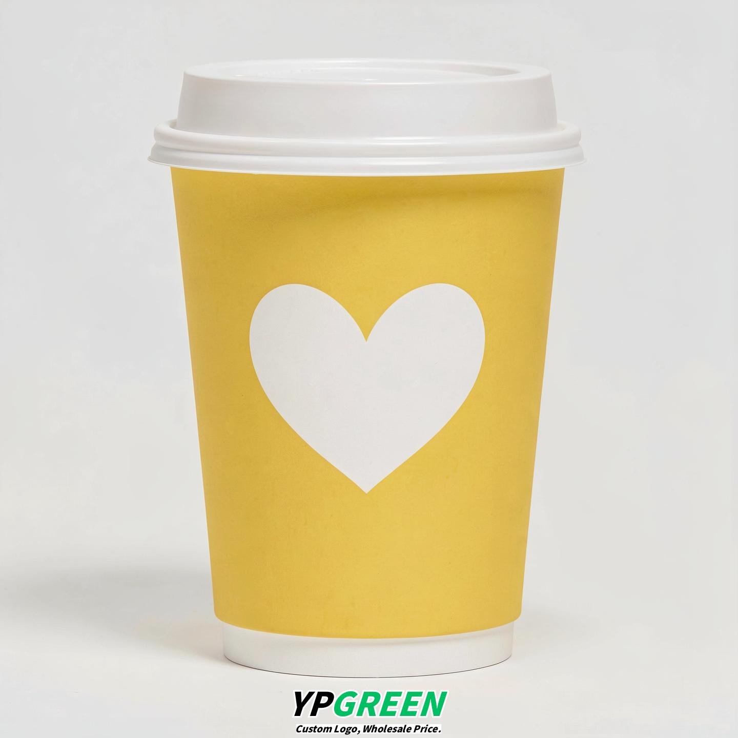 Lemon Yellow Heart Paper Cups with Lids 8-24oz