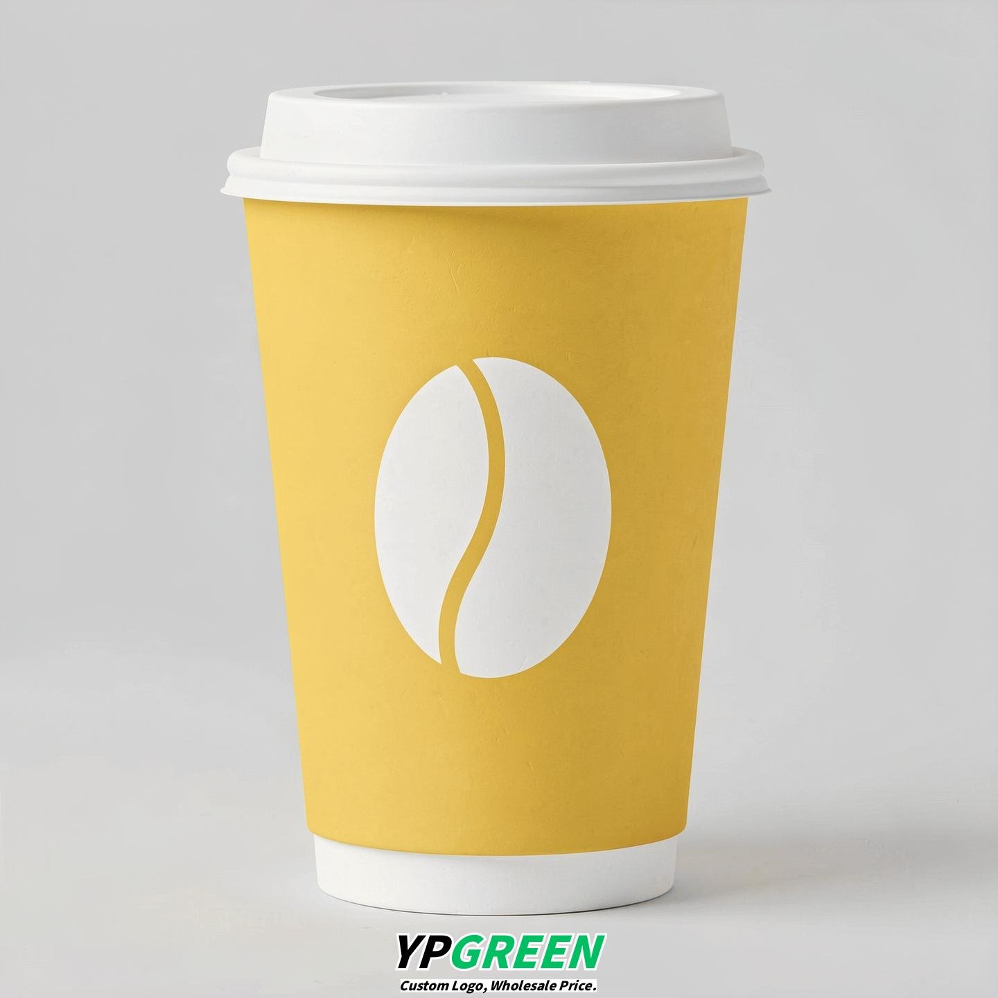 Lemon Yellow Paper Cups with Coffee Bean Logo & Lids 8-24oz