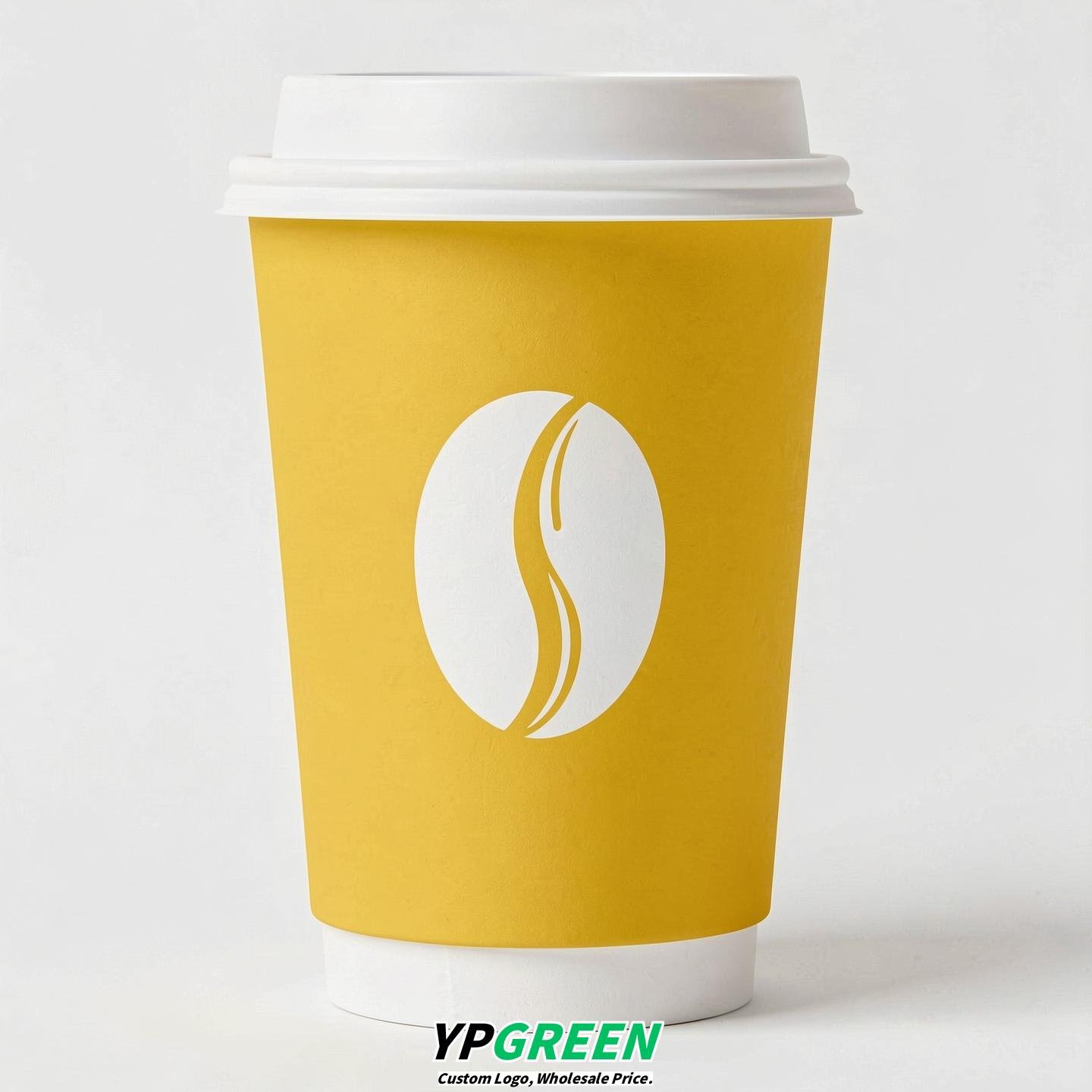 Lemon Yellow Paper Cups with Coffee Bean Logo & Lids 8-24oz
