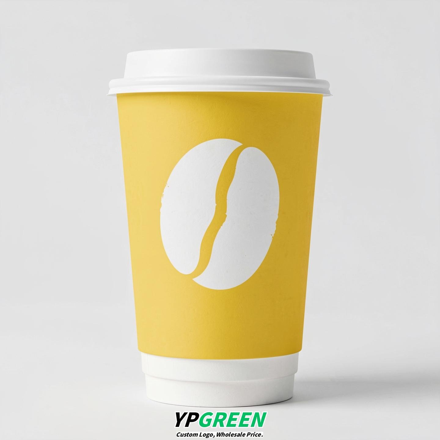 Lemon Yellow Paper Cups with Coffee Bean Logo & Lids 8-24oz