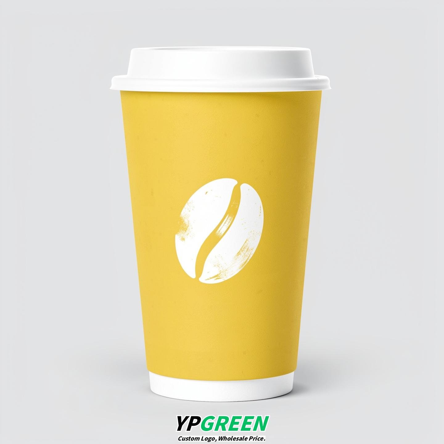 Lemon Yellow Paper Cups with Coffee Bean Logo & Lids 8-24oz