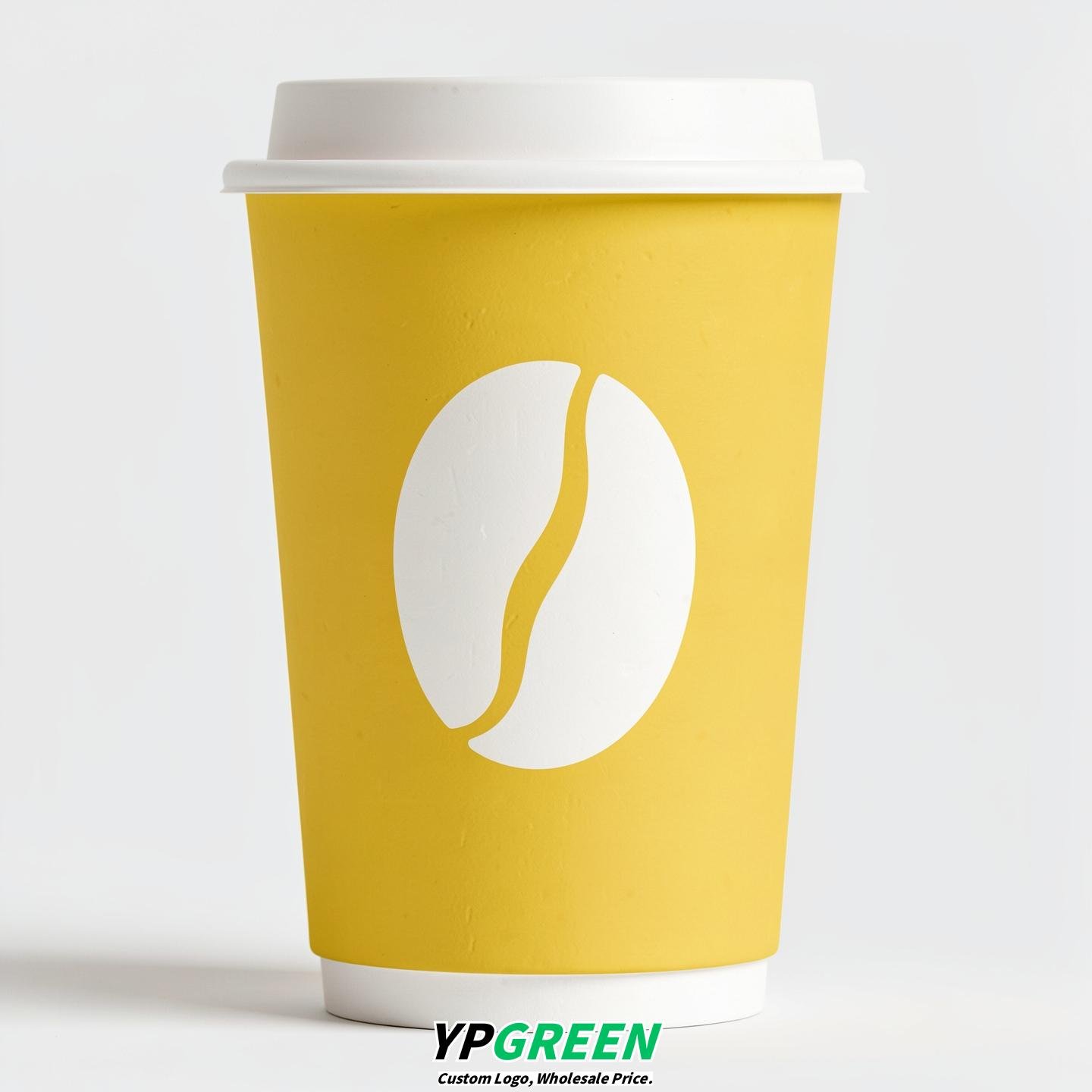 Lemon Yellow Paper Cups with Coffee Bean Logo & Lids 8-24oz