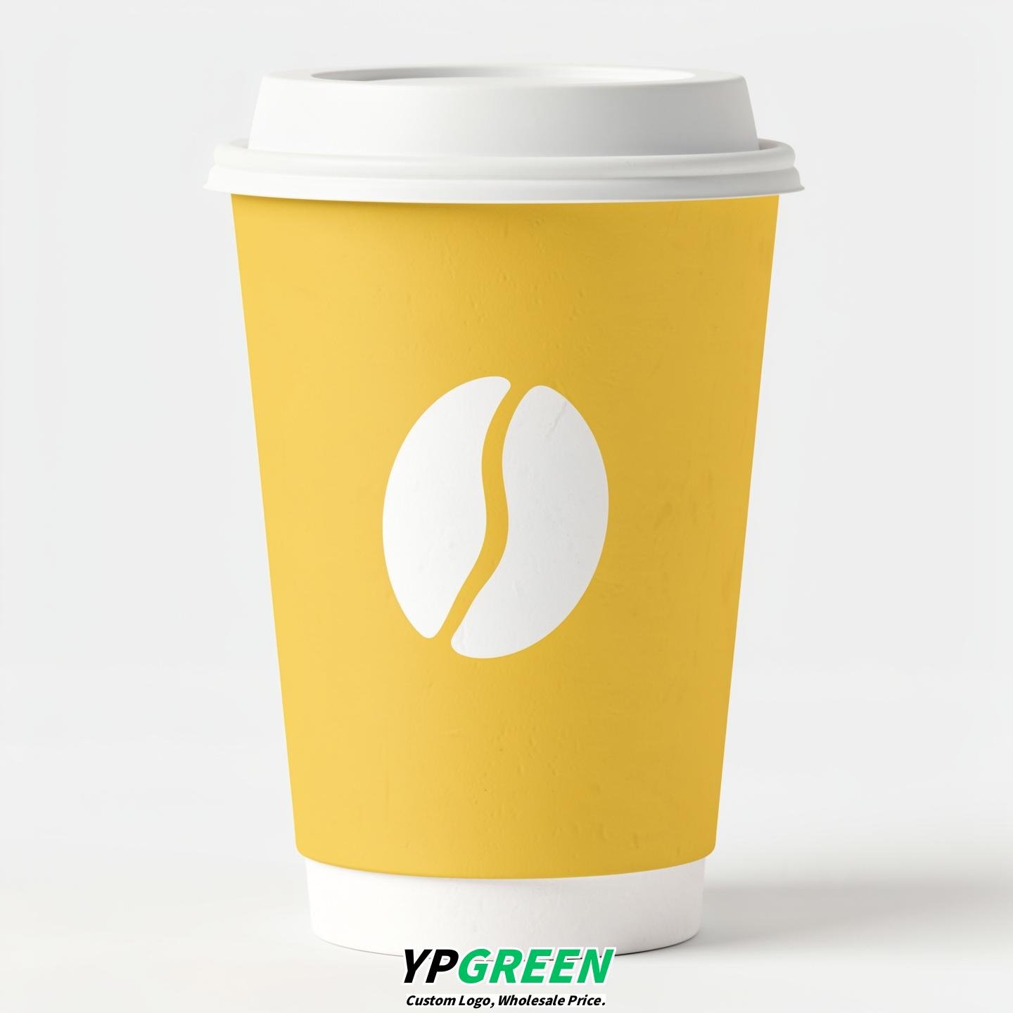 Lemon Yellow Paper Cups with Coffee Bean Logo & Lids 8-24oz