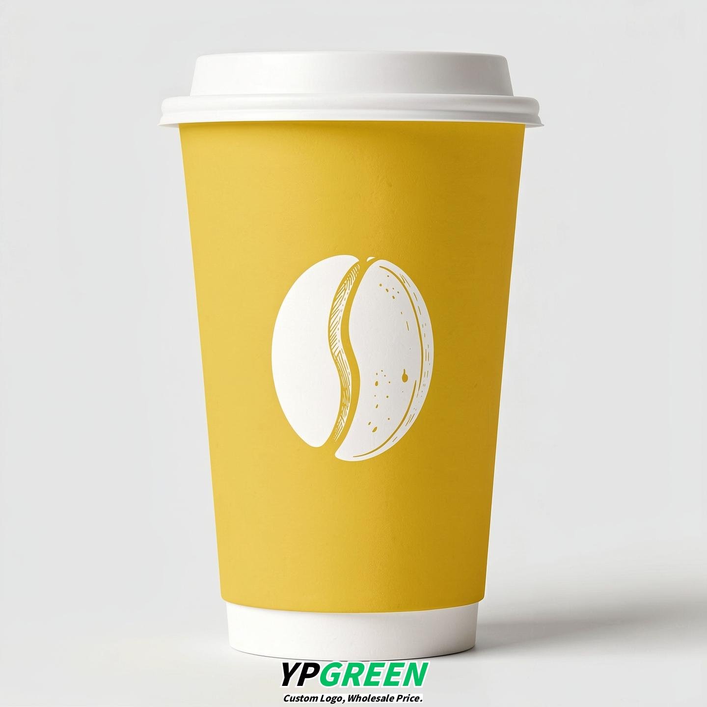 Lemon Yellow Paper Cups with Coffee Bean Logo & Lids 8-24oz