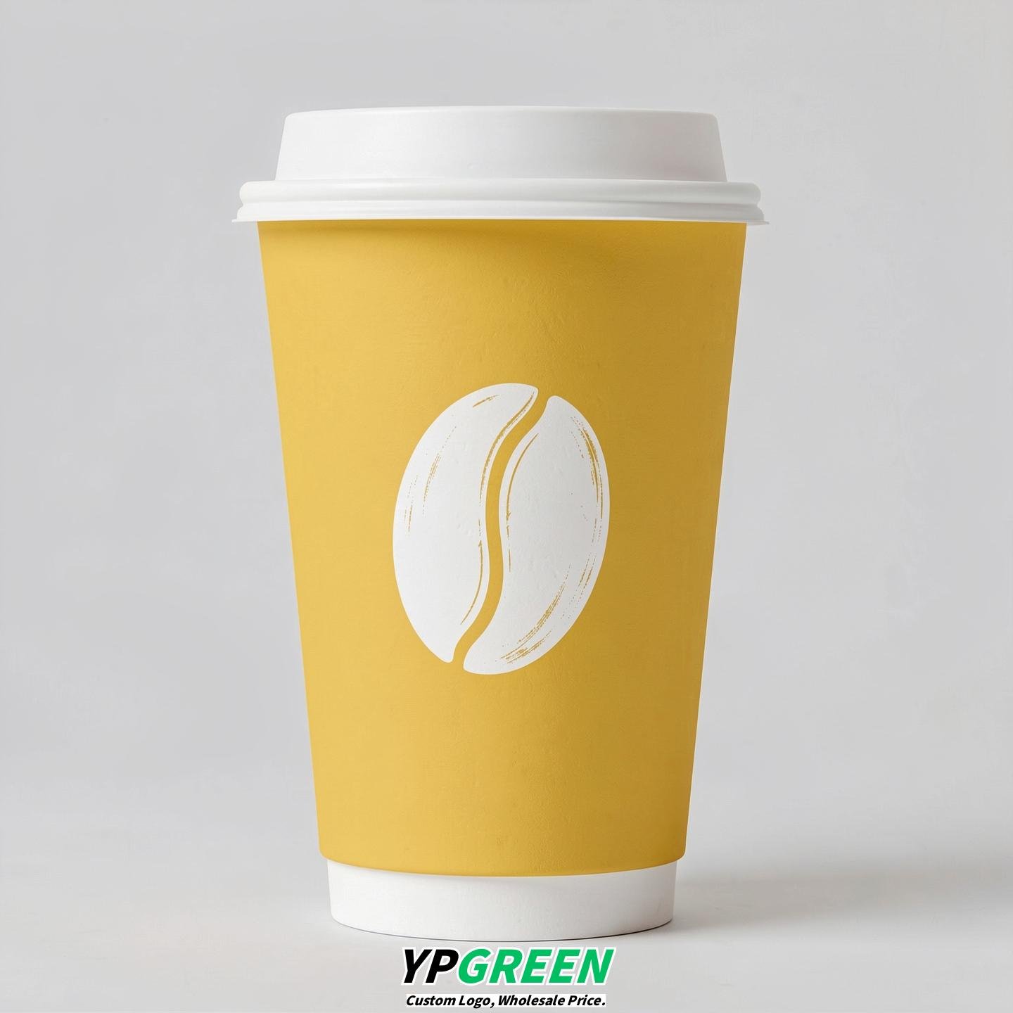 Lemon Yellow Paper Cups with Coffee Bean Logo & Lids 8-24oz