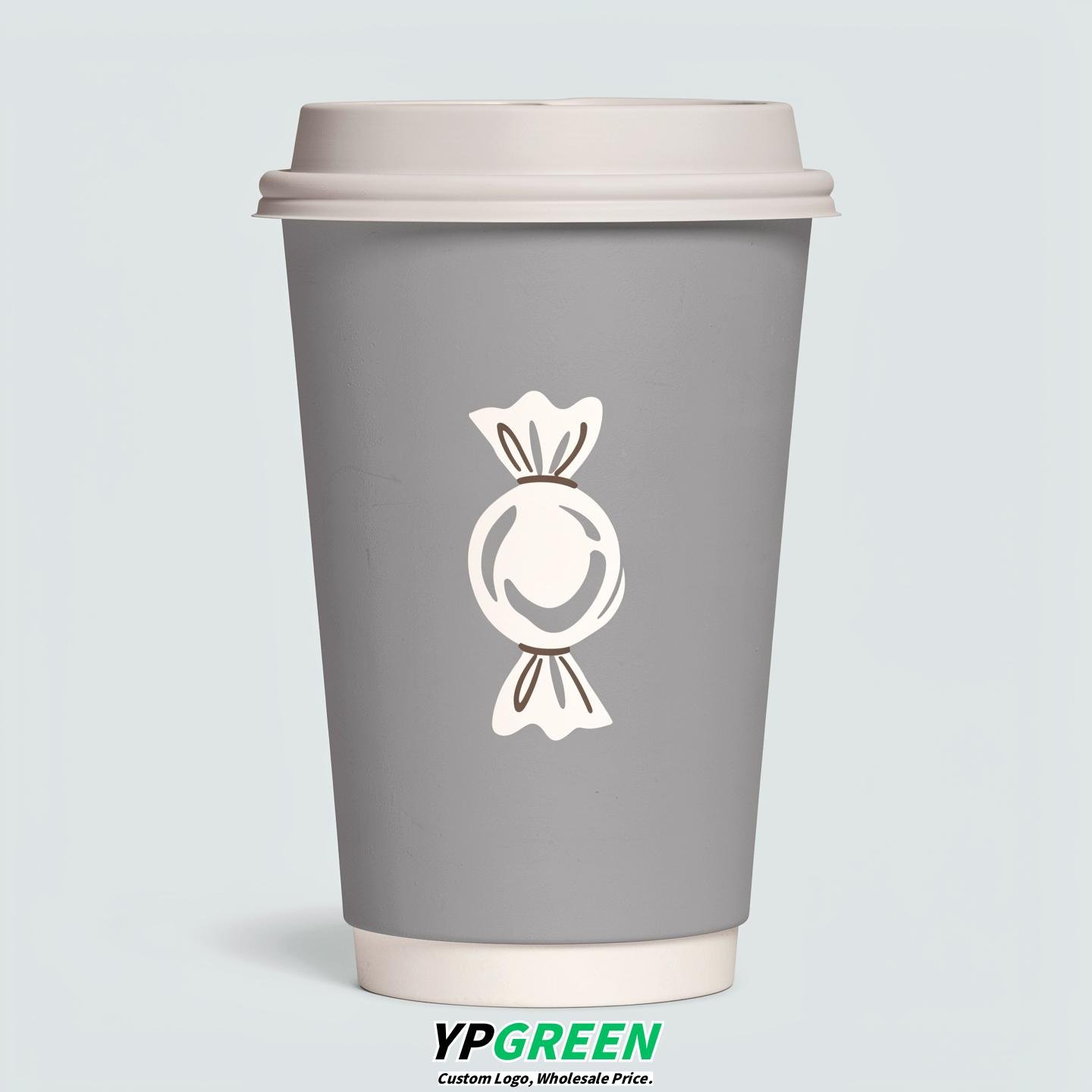 Light Slate Gray Paper Cups with Candy Logo & Lids 8-24oz
