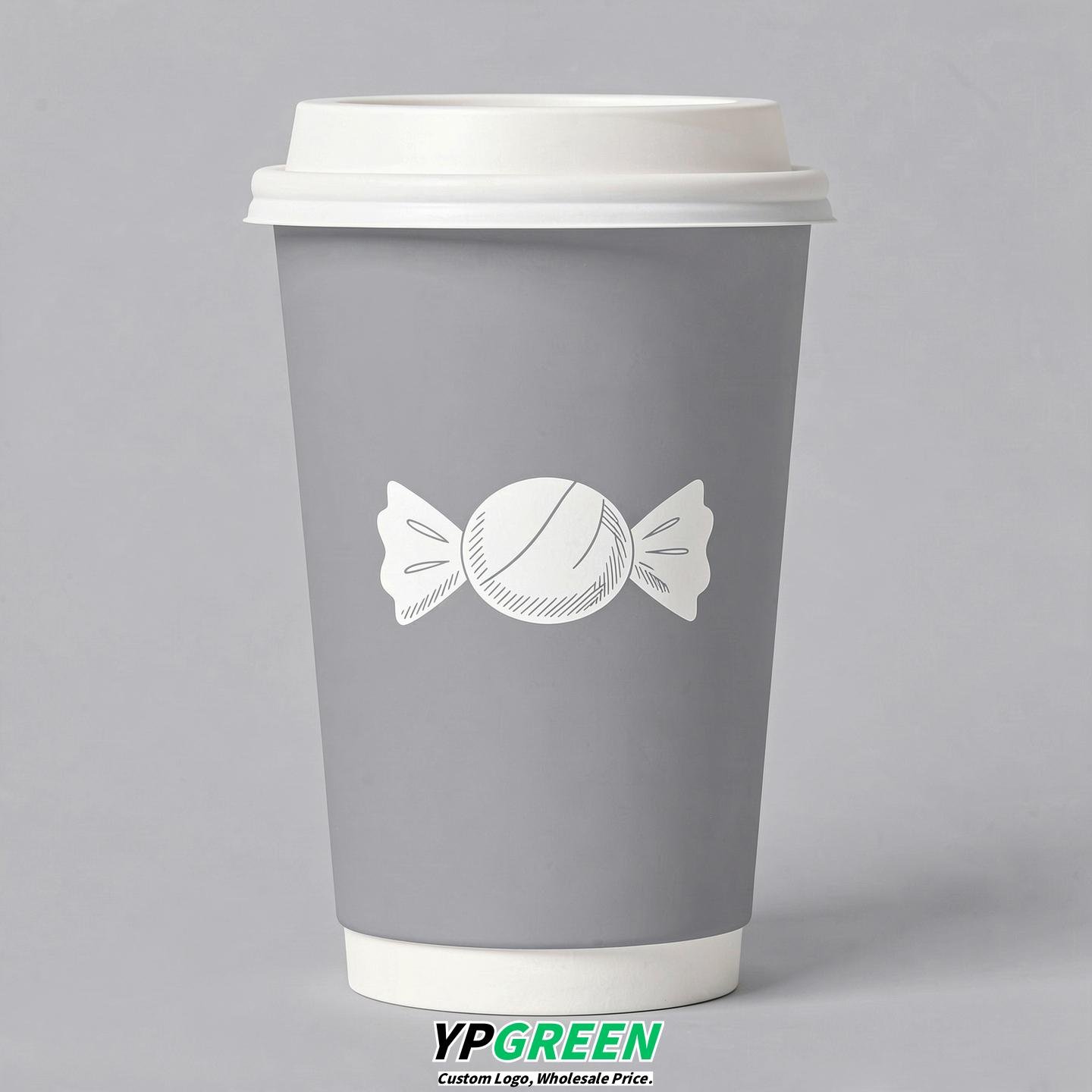 Light Slate Gray Paper Cups with Candy Logo & Lids 8-24oz