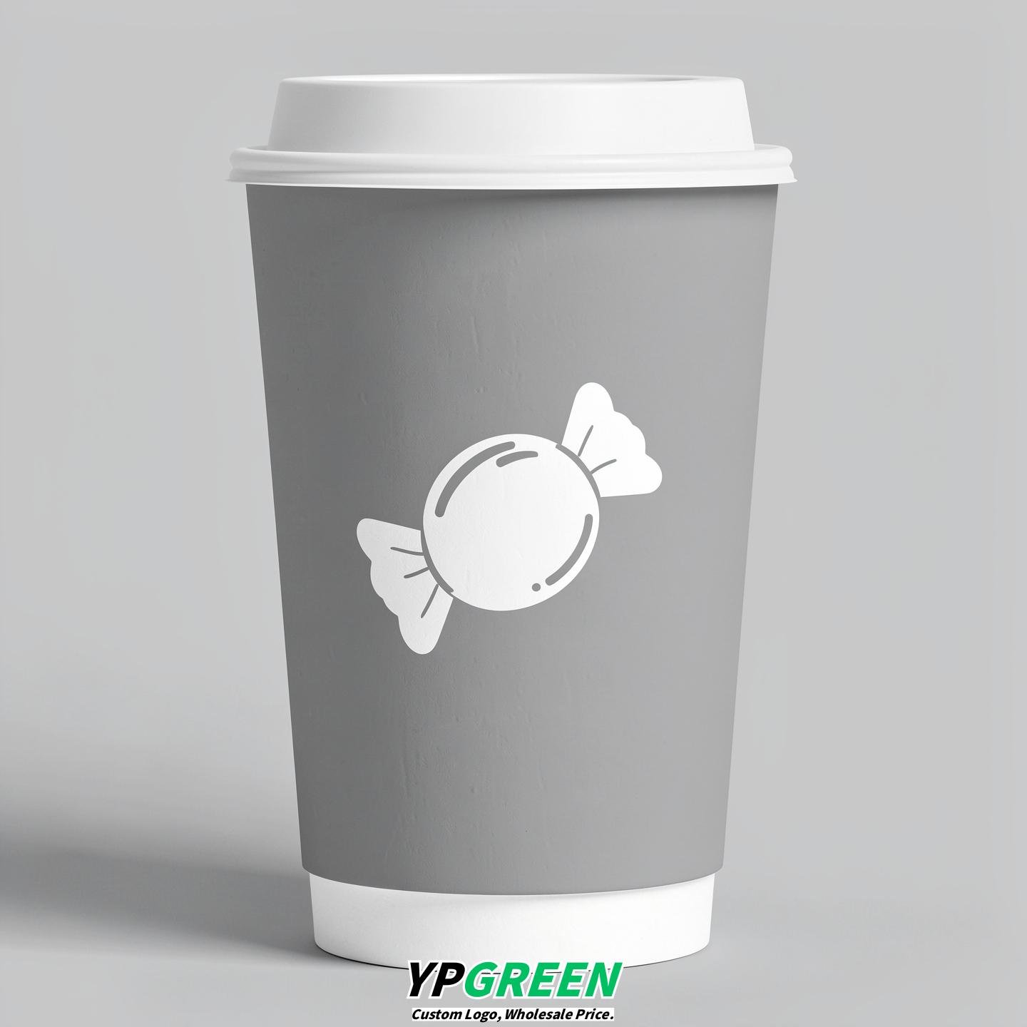 Light Slate Gray Paper Cups with Candy Logo & Lids 8-24oz