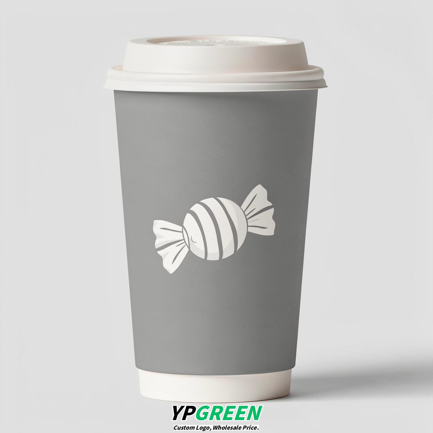 Light Slate Gray Paper Cups with Candy Logo & Lids 8-24oz