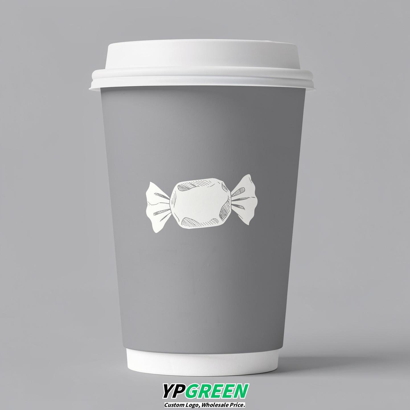 Light Slate Gray Paper Cups with Candy Logo & Lids 8-24oz