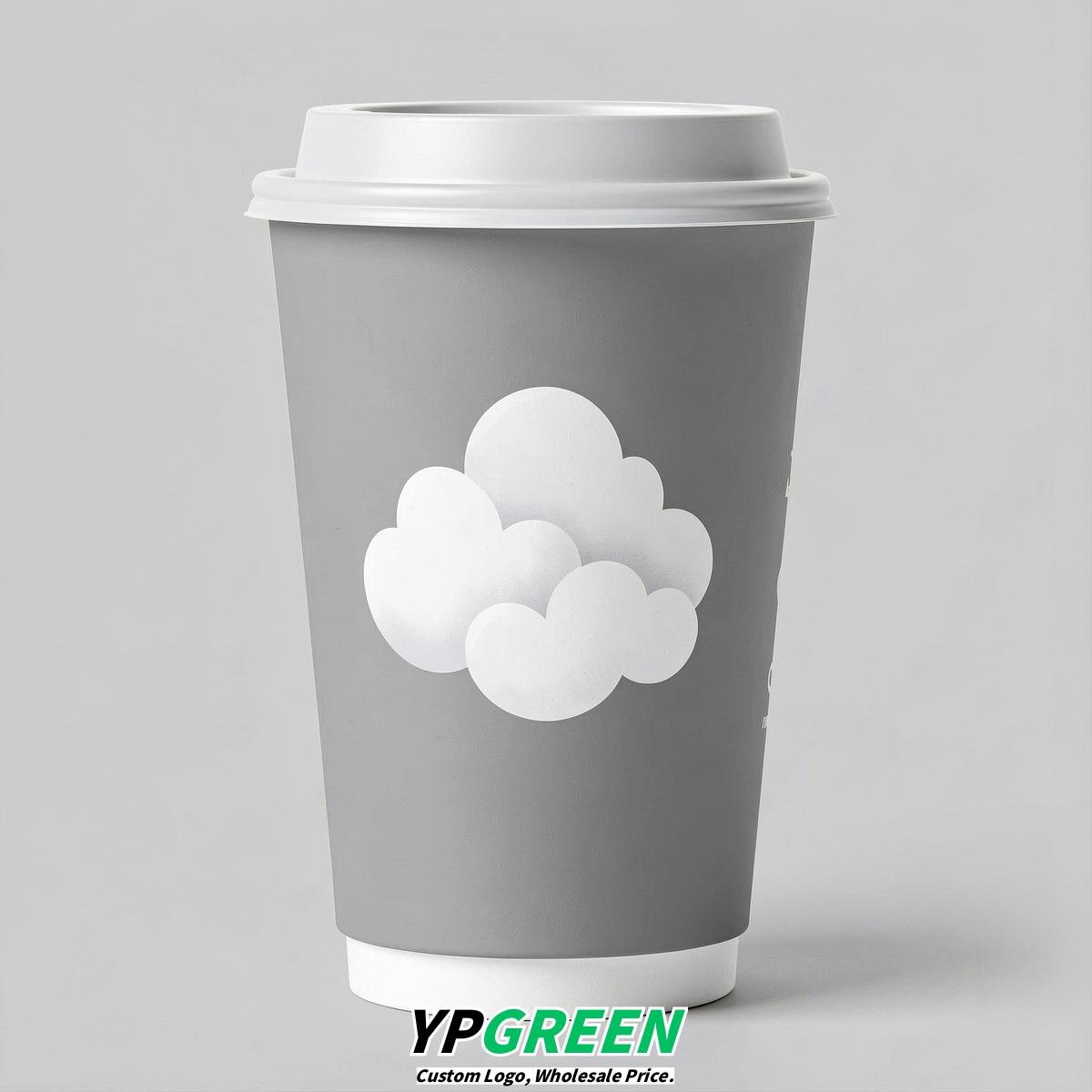 Light Slate Gray Paper Cups with Clouds Logo & Lids 8-24oz
