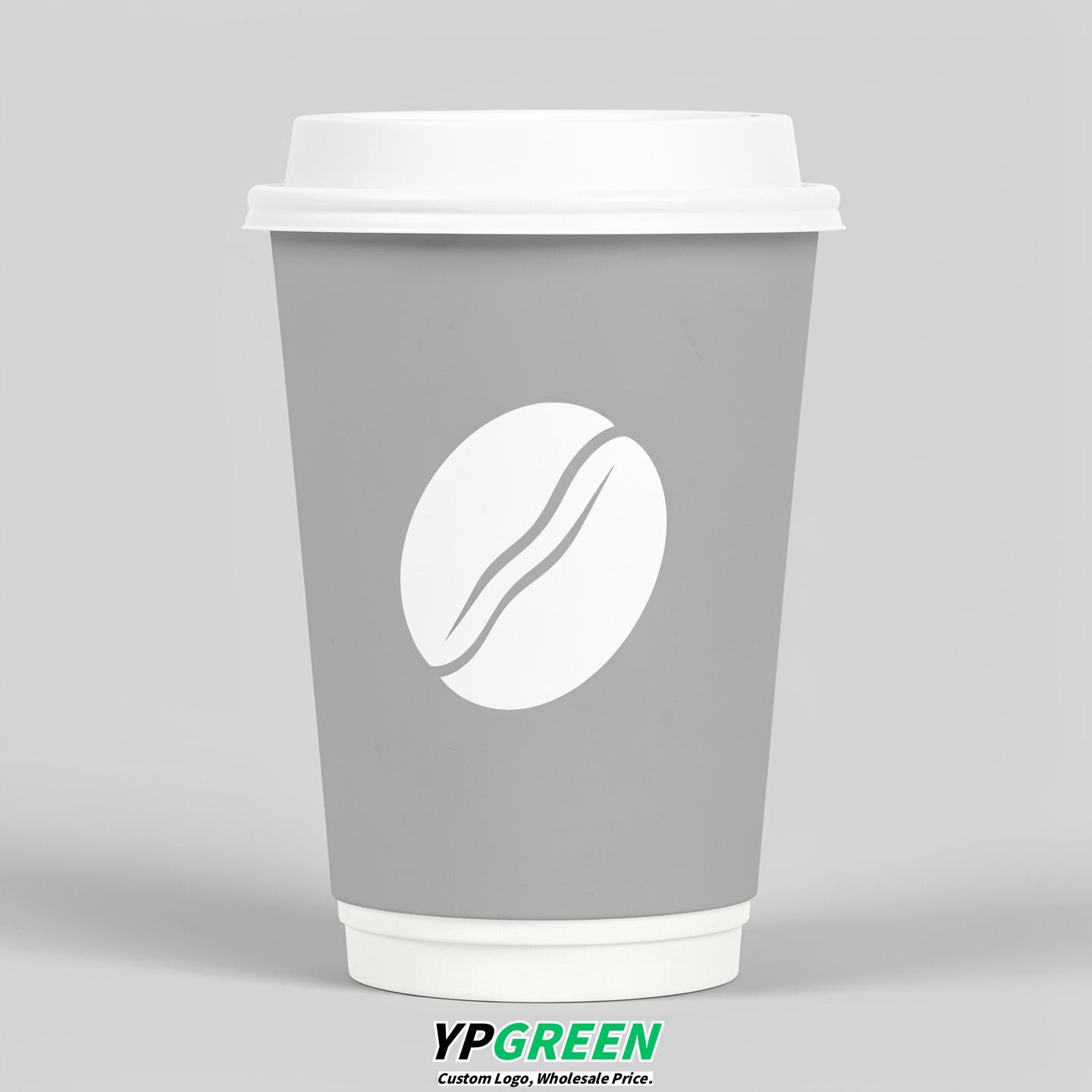 Light Slate Gray Paper Cups with Coffee Bean Logo & Lids 8-24oz