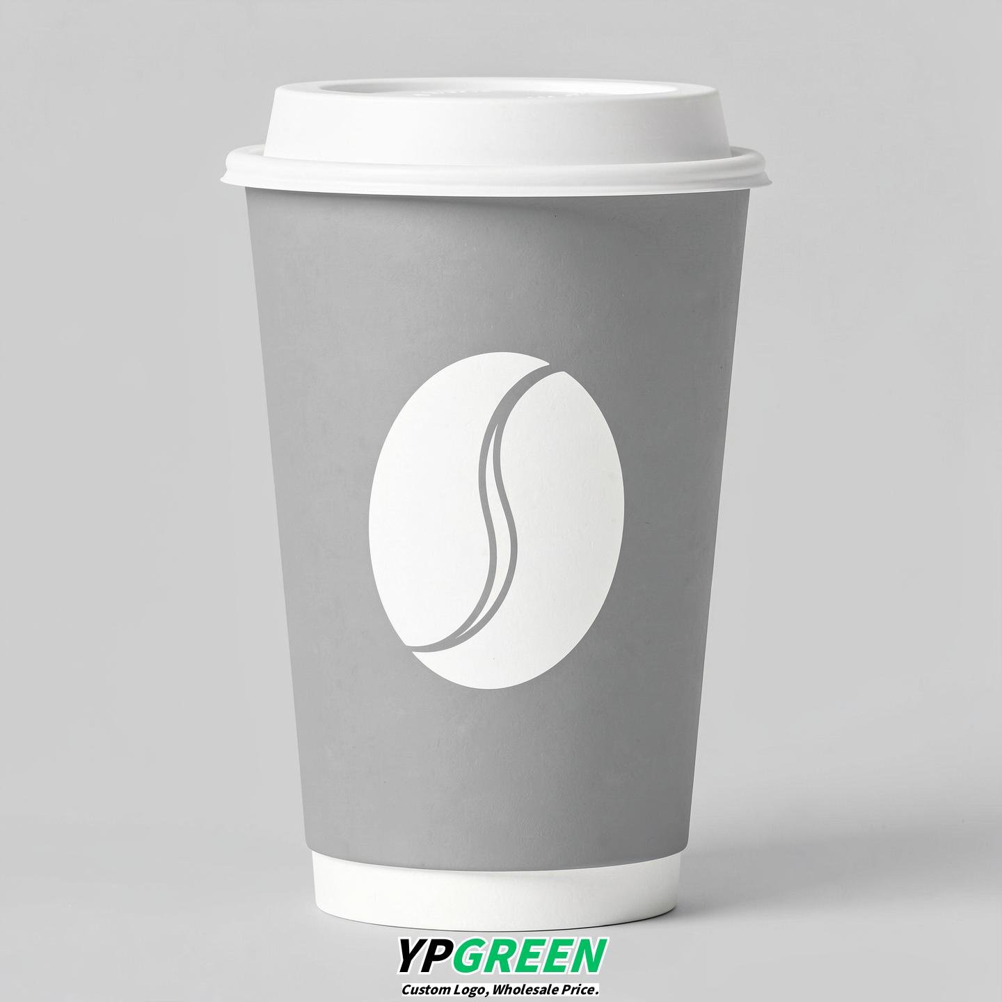 Light Slate Gray Paper Cups with Coffee Bean Logo & Lids 8-24oz