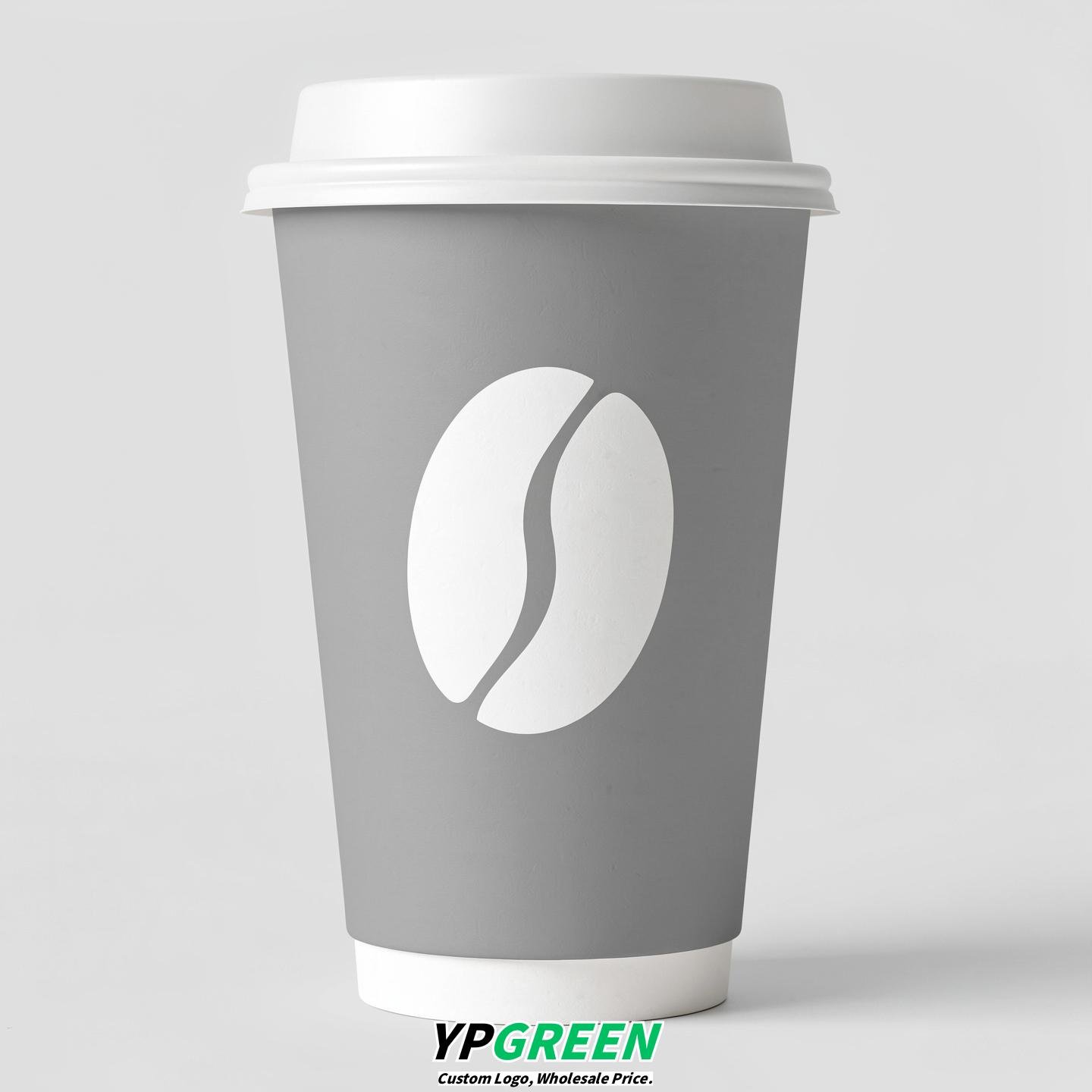 Light Slate Gray Paper Cups with Coffee Bean Logo & Lids 8-24oz
