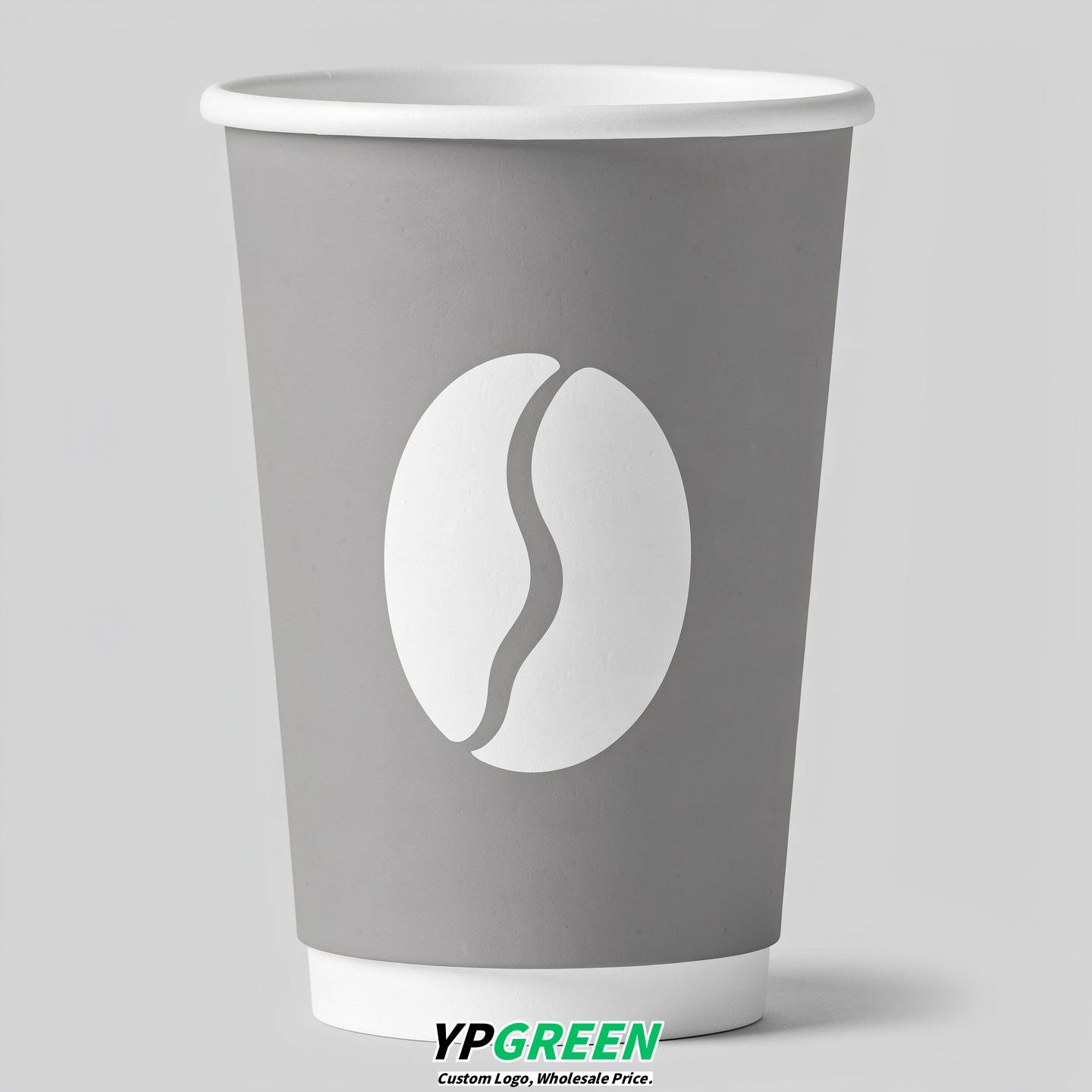 Light Slate Gray Paper Cups with Coffee Bean Logo & Lids 8-24oz