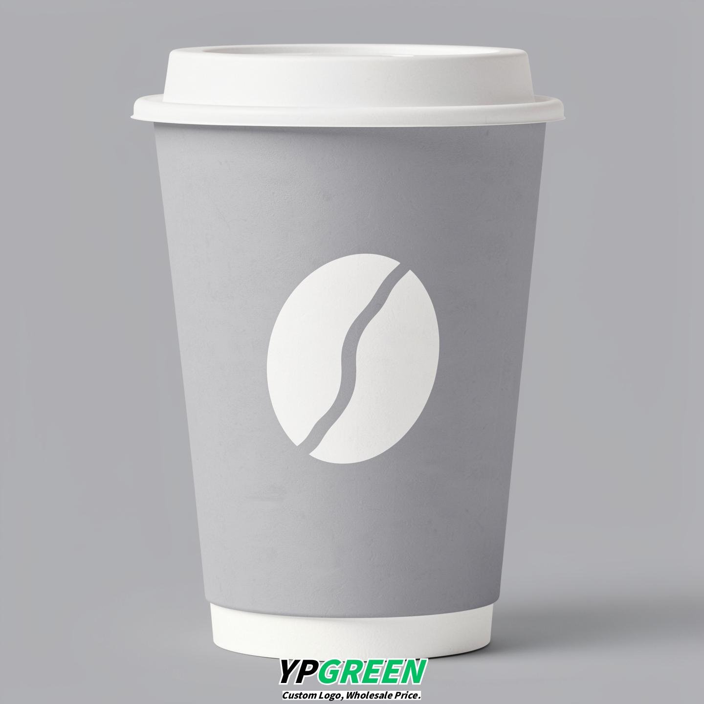 Light Slate Gray Paper Cups with Coffee Bean Logo & Lids 8-24oz