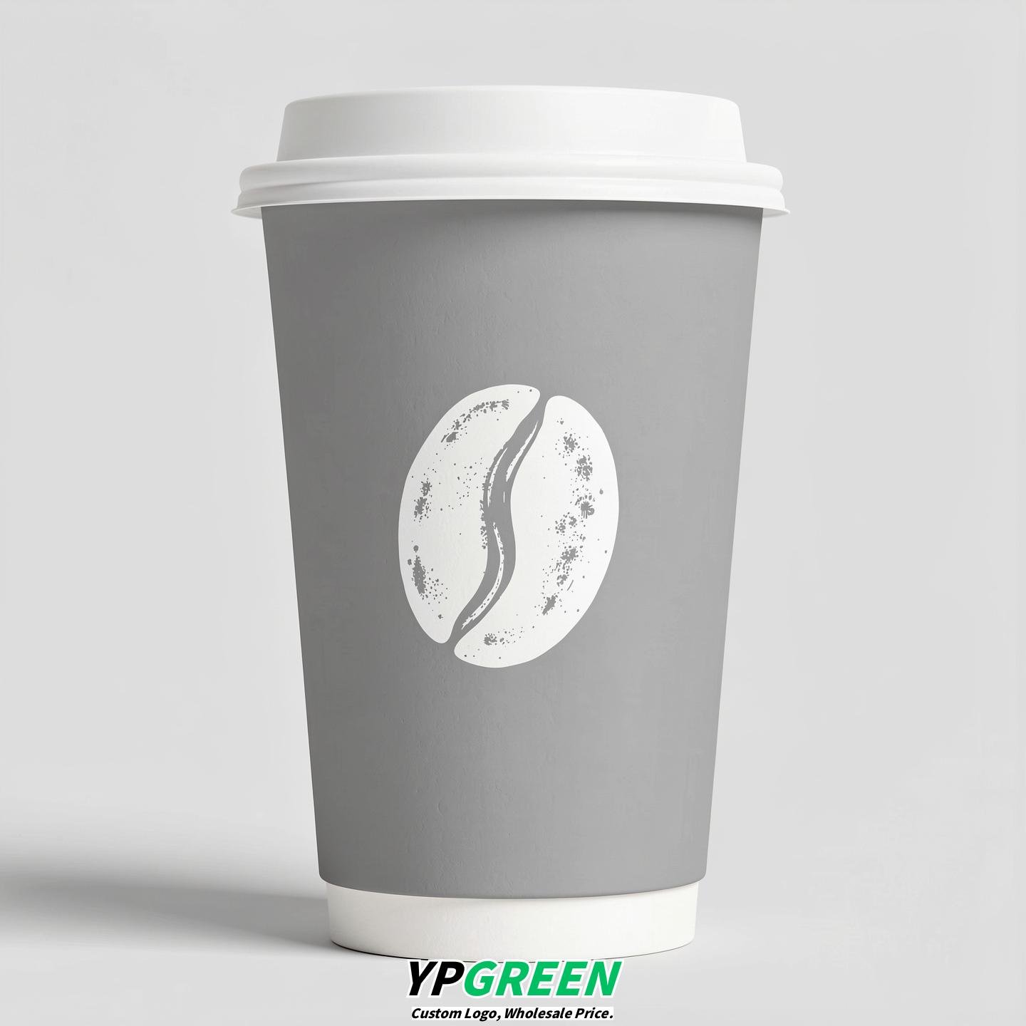 Light Slate Gray Paper Cups with Coffee Bean Logo & Lids 8-24oz