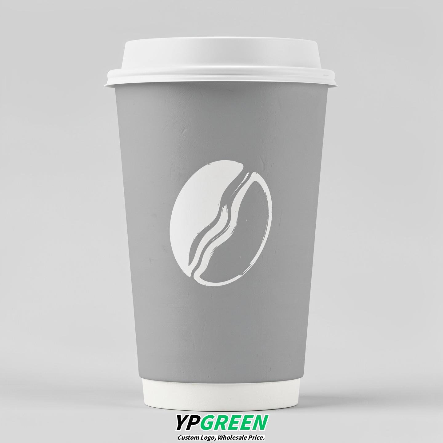 Light Slate Gray Paper Cups with Coffee Bean Logo & Lids 8-24oz