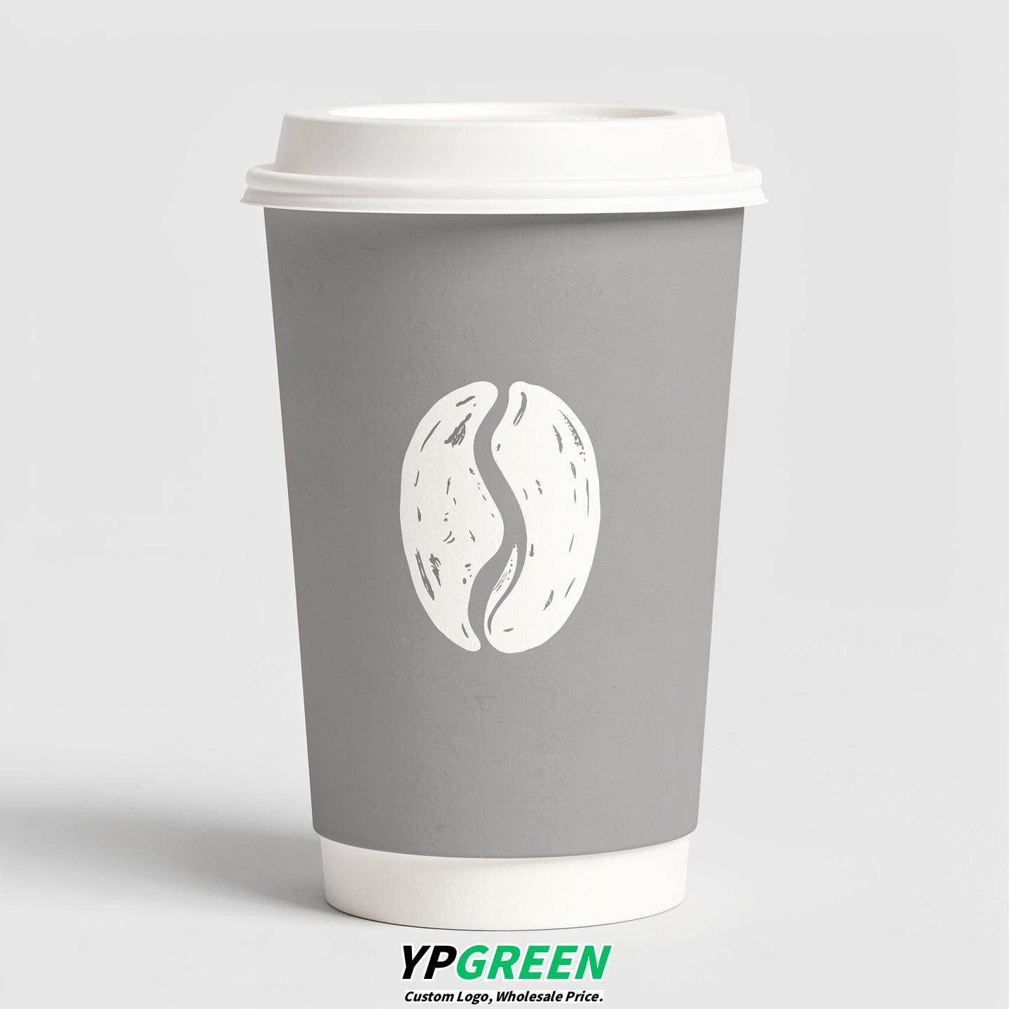 Light Slate Gray Paper Cups with Coffee Bean Logo & Lids 8-24oz