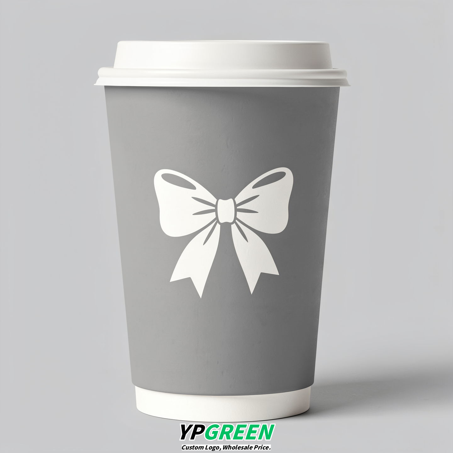 Light Slate Gray Paper Cups with Bow Logo & Lids 8-24oz