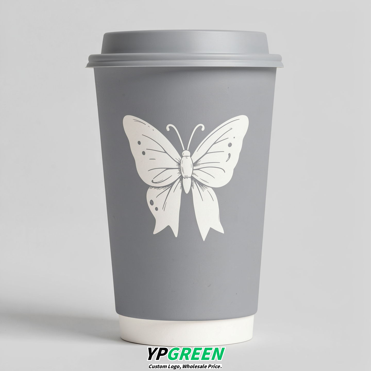 Light Slate Gray Paper Cups with Bow Logo & Lids 8-24oz