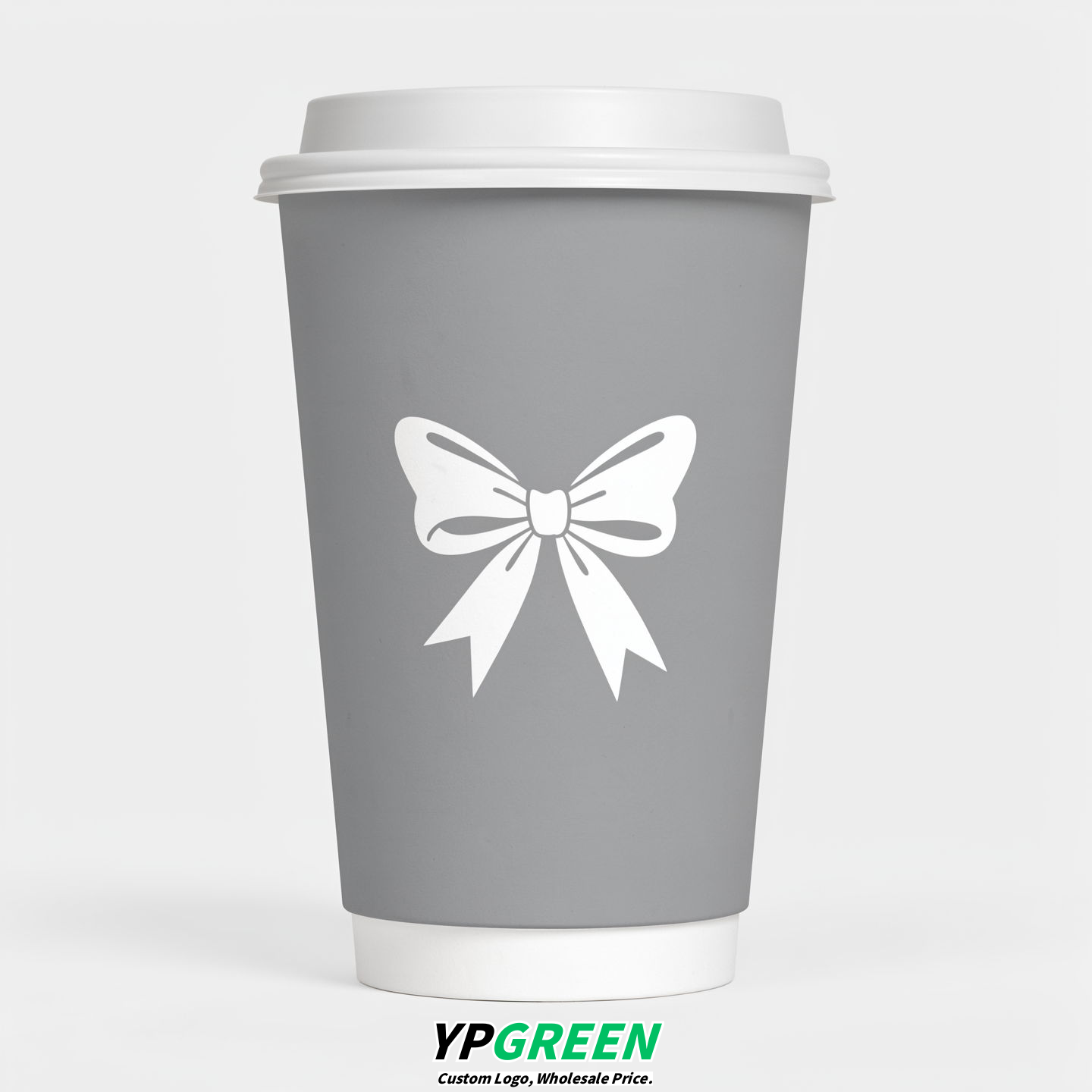 Light Slate Gray Paper Cups with Bow Logo & Lids 8-24oz
