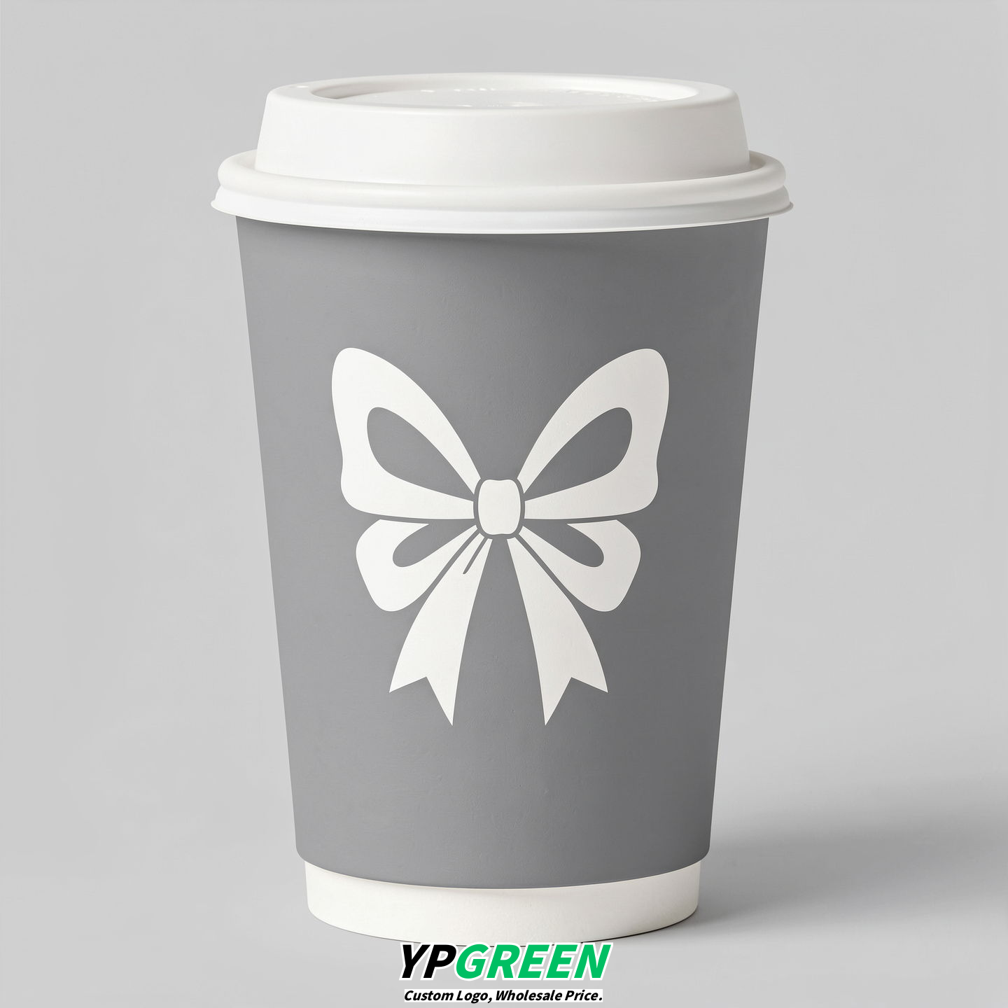 Light Slate Gray Paper Cups with Bow Logo & Lids 8-24oz