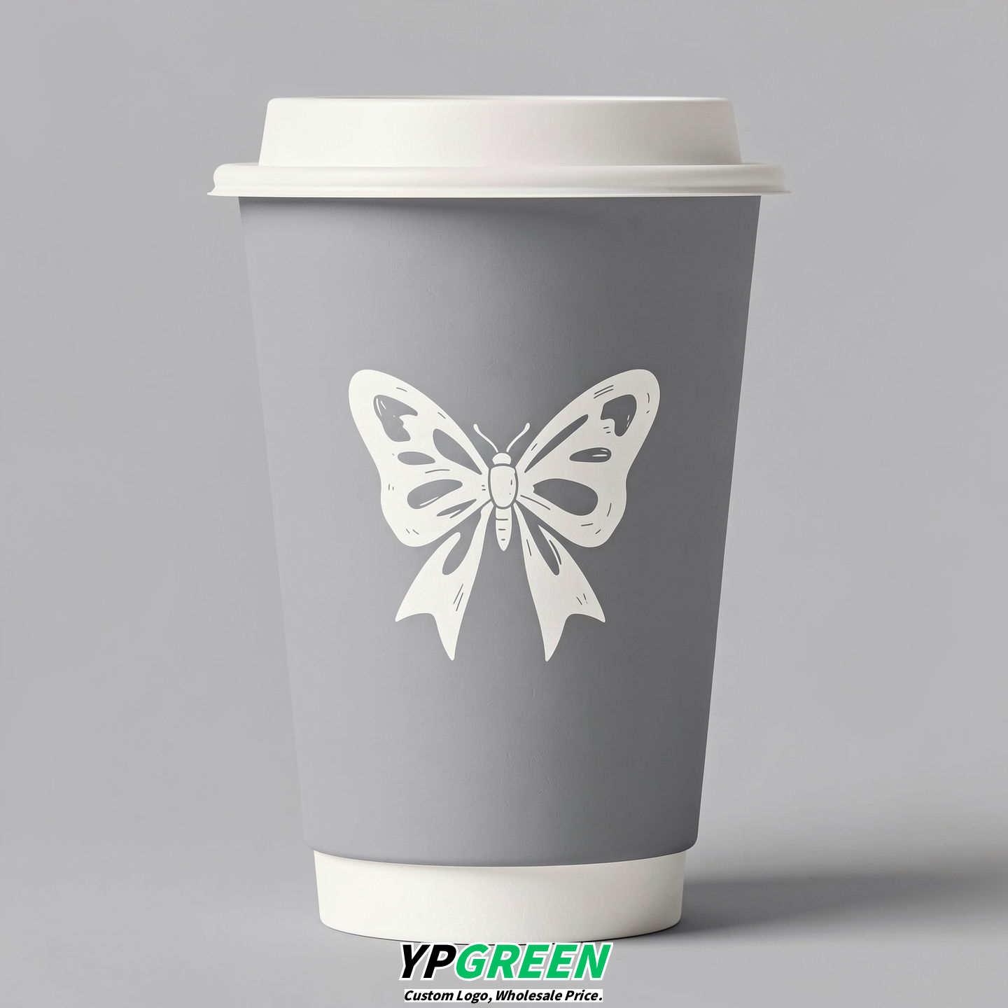 Light Slate Gray Paper Cups with Bow Logo & Lids 8-24oz