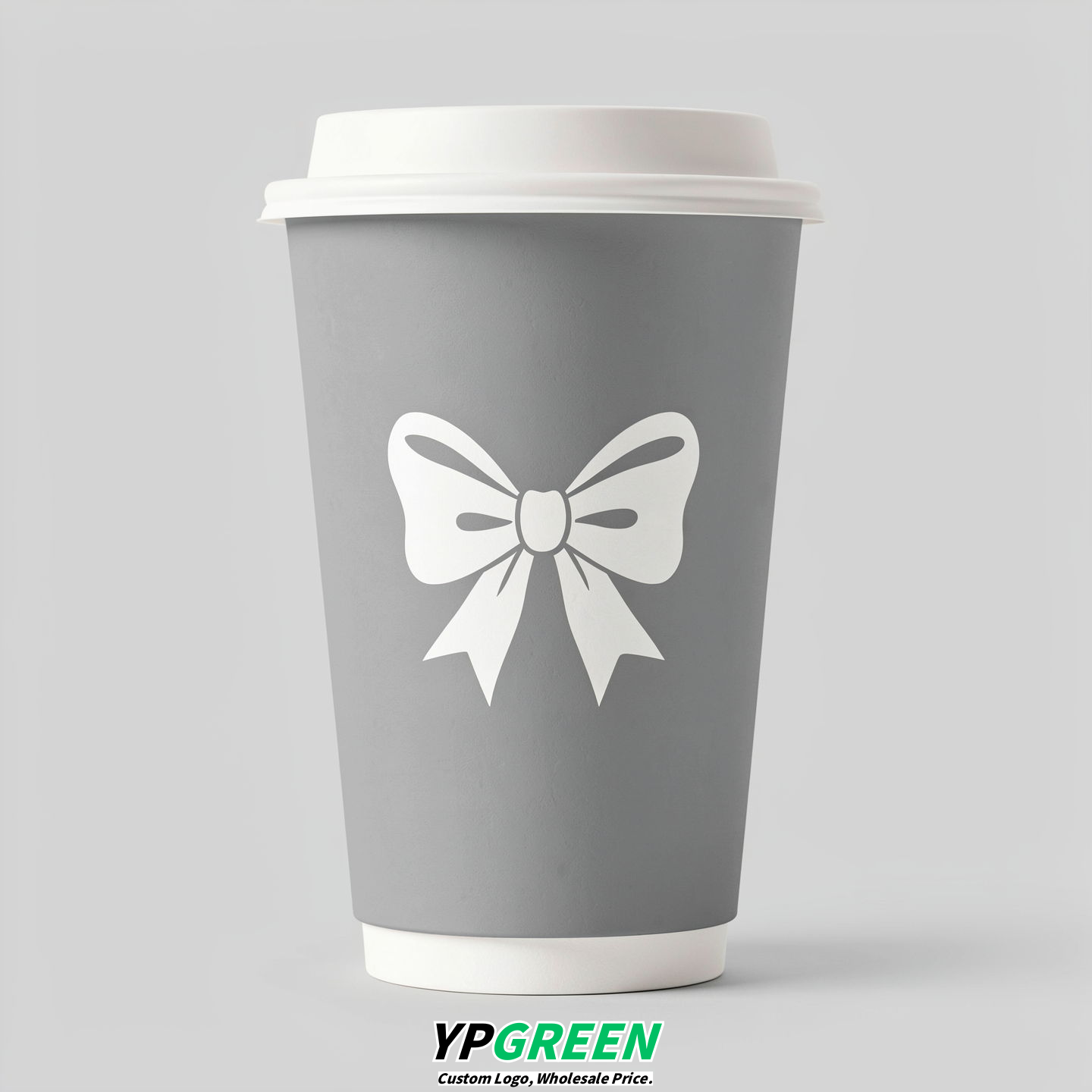 Light Slate Gray Paper Cups with Bow Logo & Lids 8-24oz