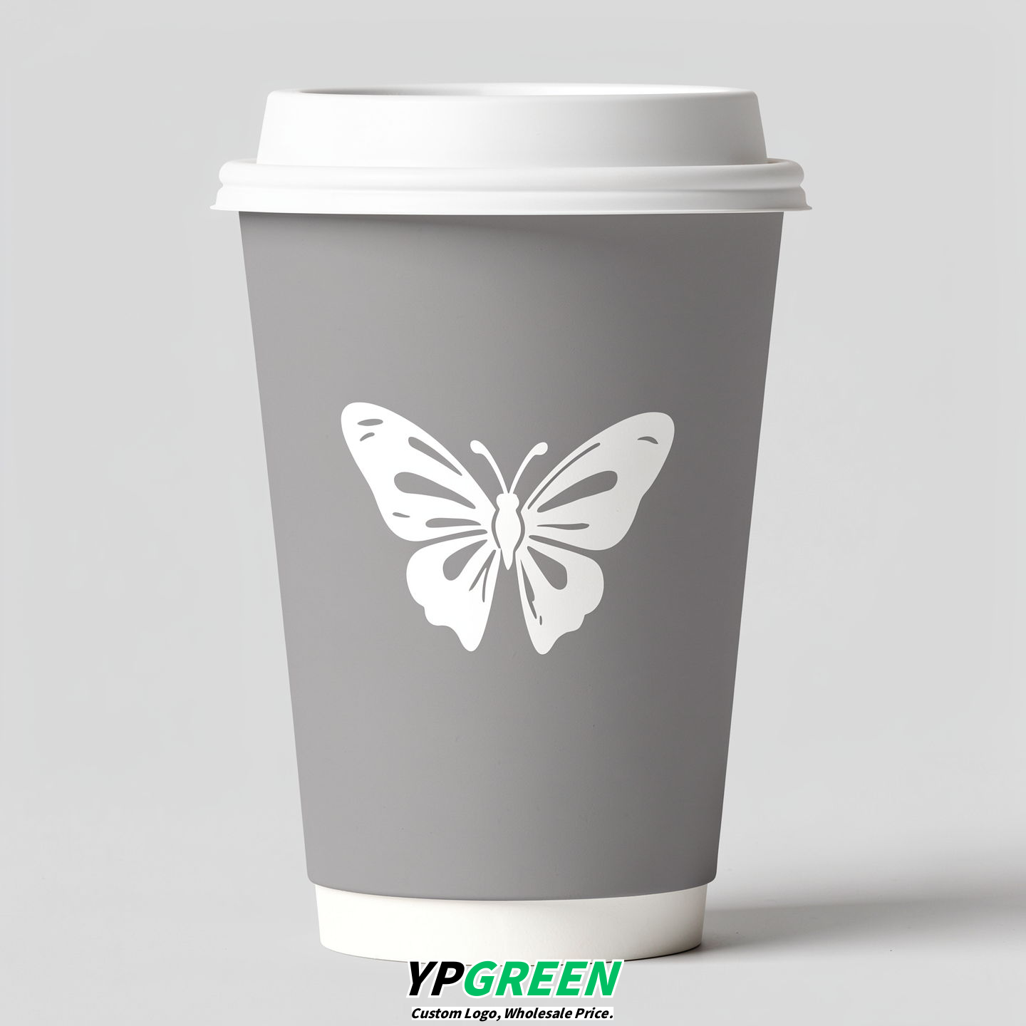 Light Slate Gray Paper Cups with Bow Logo & Lids 8-24oz