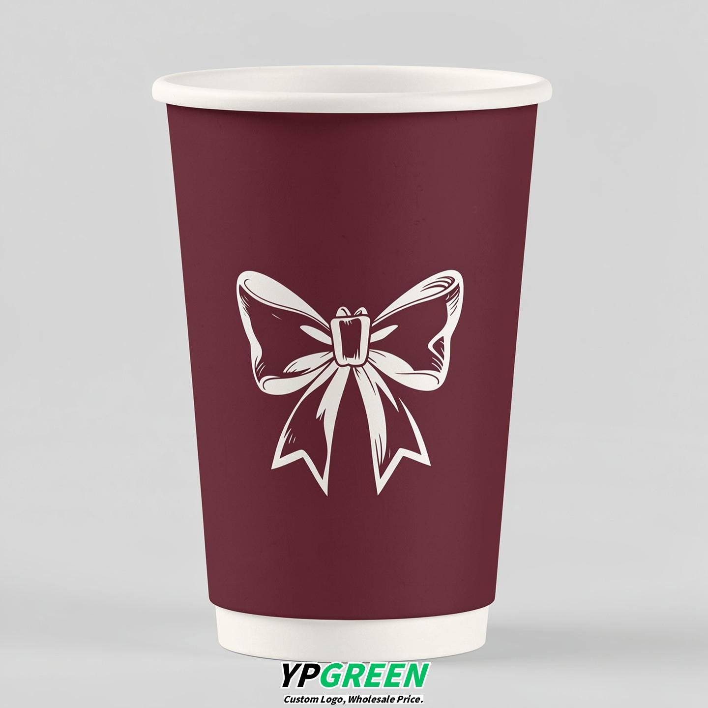 Maroon Paper Cups with Bow Logo & Lids 8-24oz