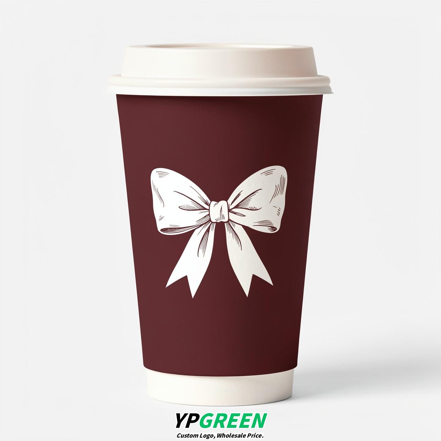 Maroon Paper Cups with Bow Logo & Lids 8-24oz