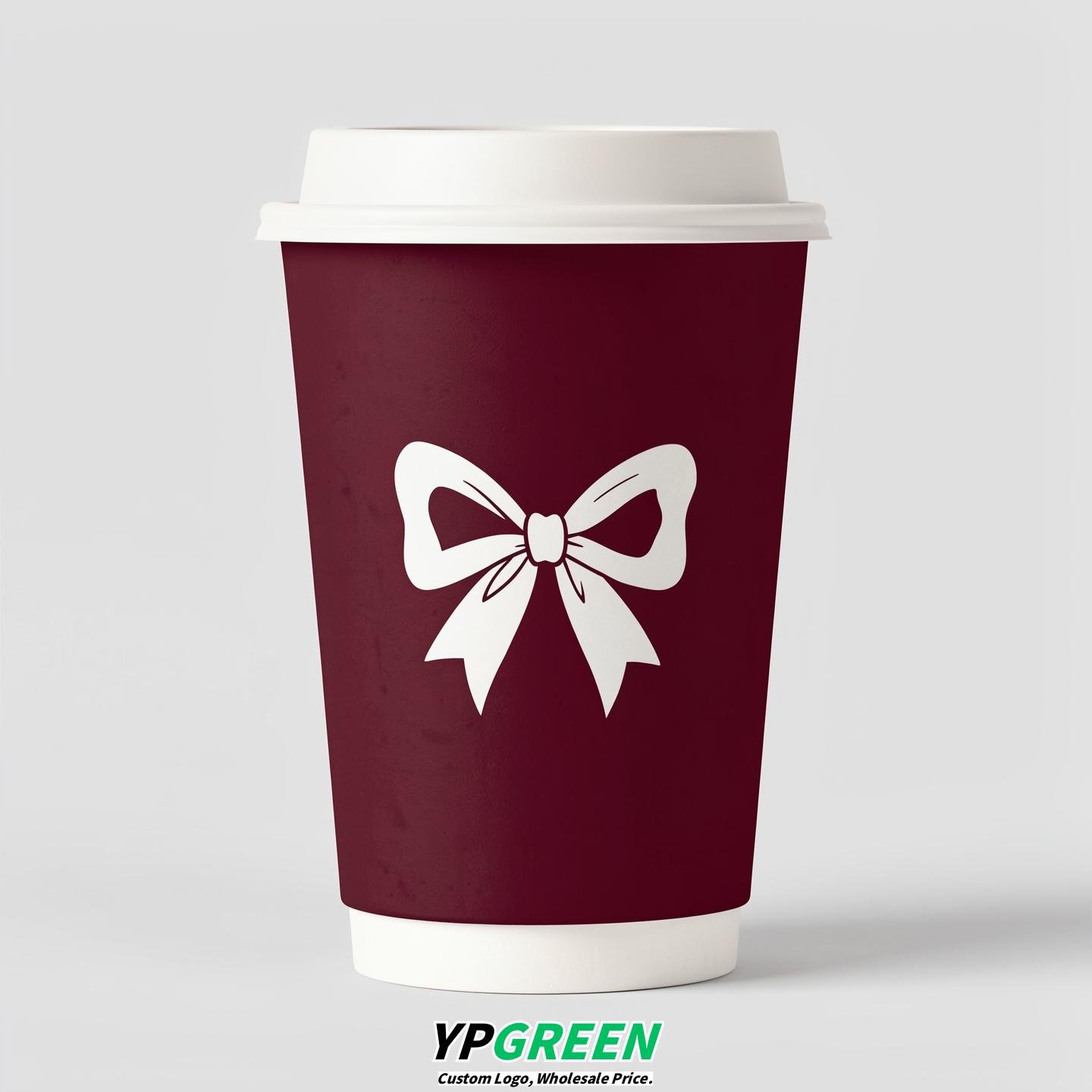 Maroon Paper Cups with Bow Logo & Lids 8-24oz