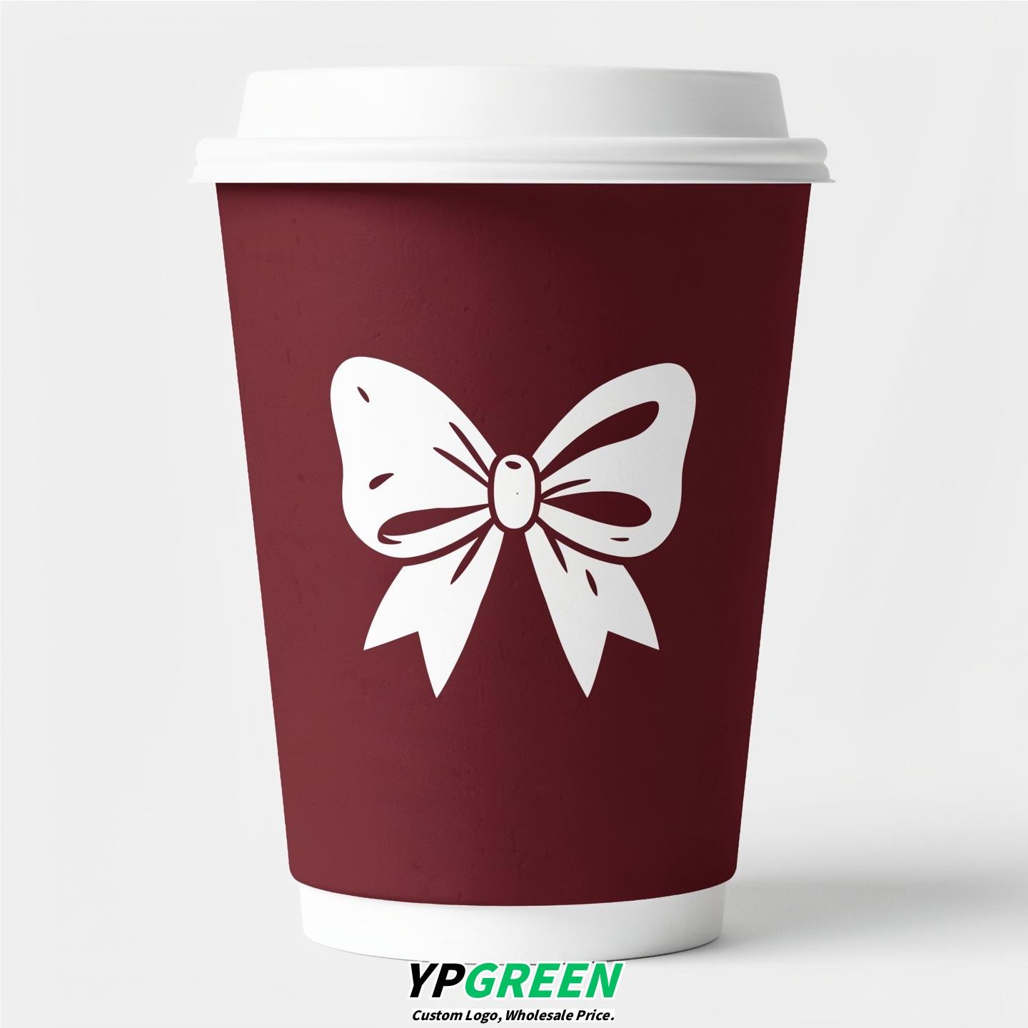Maroon Paper Cups with Bow Logo & Lids 8-24oz