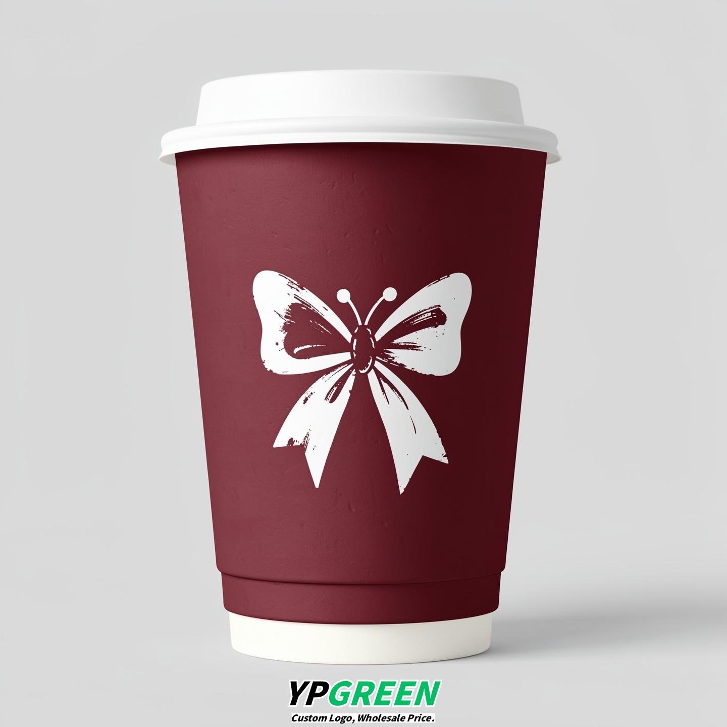 Maroon Paper Cups with Bow Logo & Lids 8-24oz