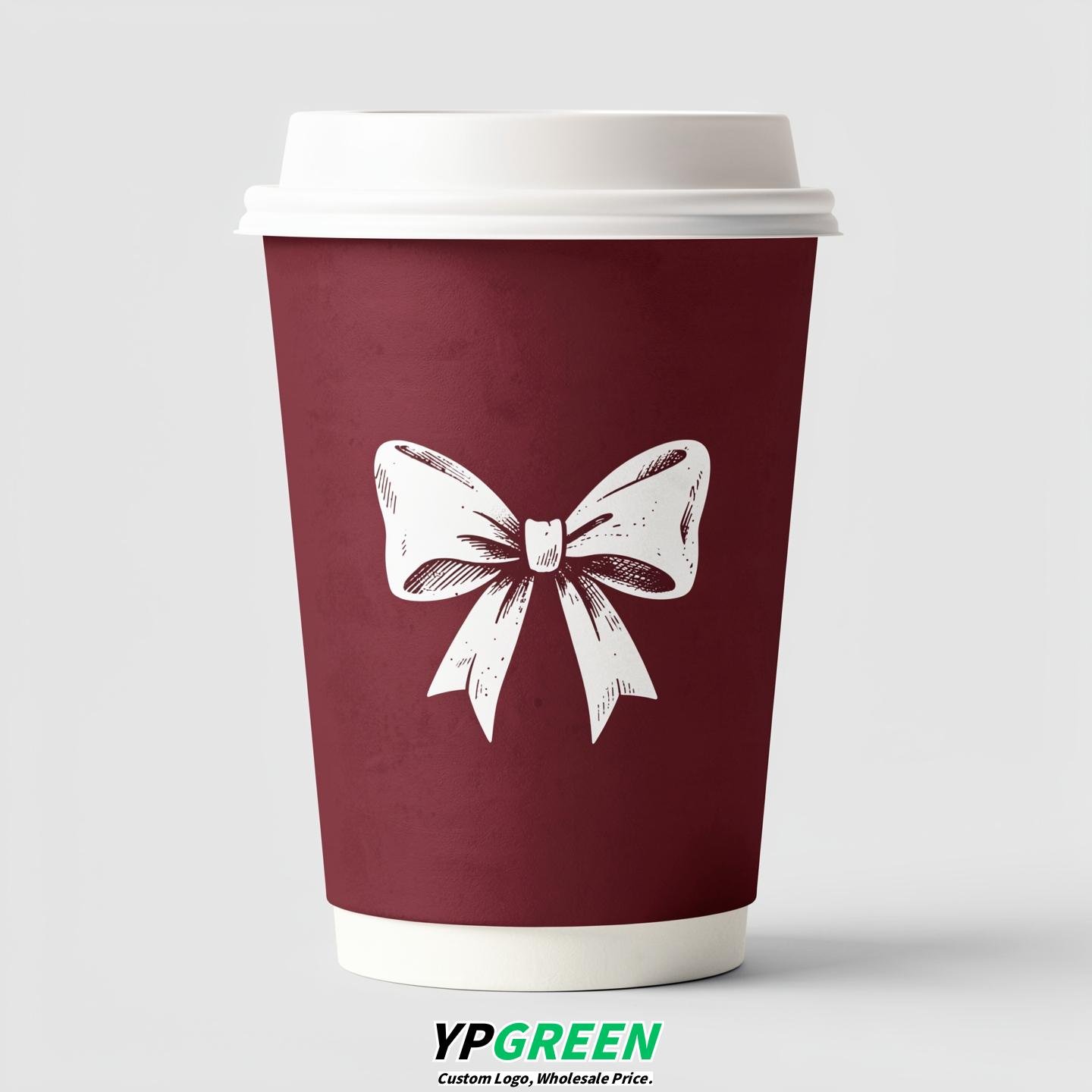 Maroon Paper Cups with Bow Logo & Lids 8-24oz
