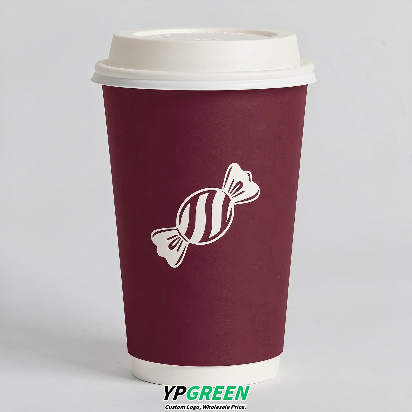 Maroon Paper Cups with Candy Logo & Lids 8-24oz